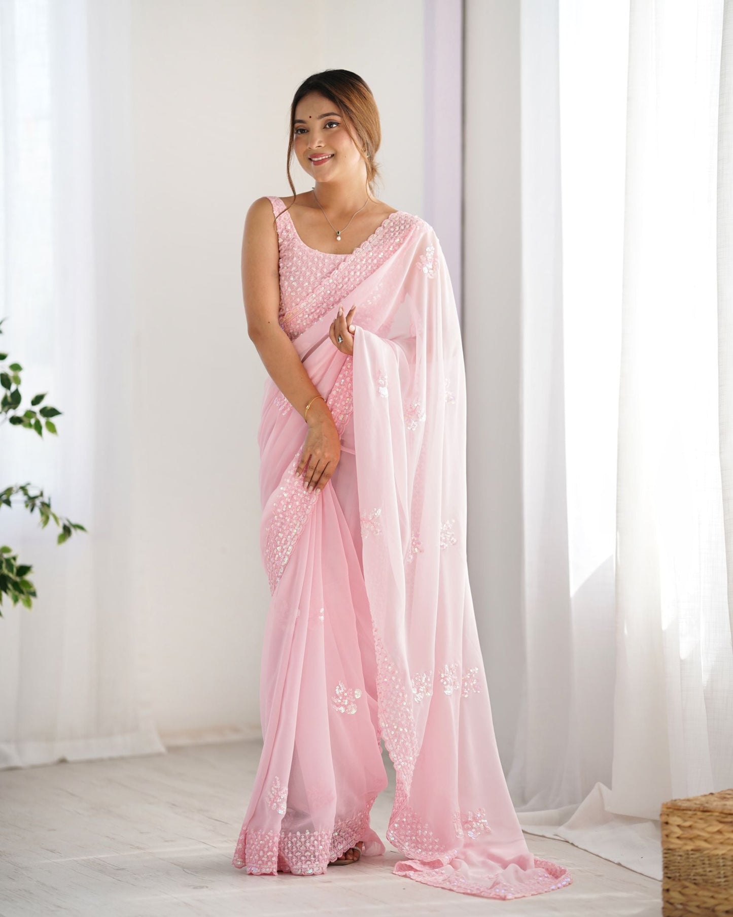 Graceful Pink Georgette Party Wear Saree with Thread & Sequence Work