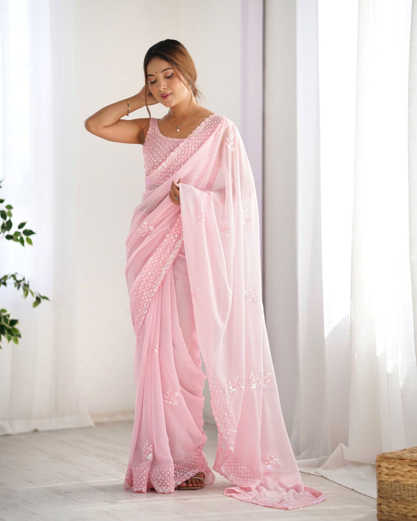 Graceful Pink Georgette Party Wear Saree with Thread & Sequence Work