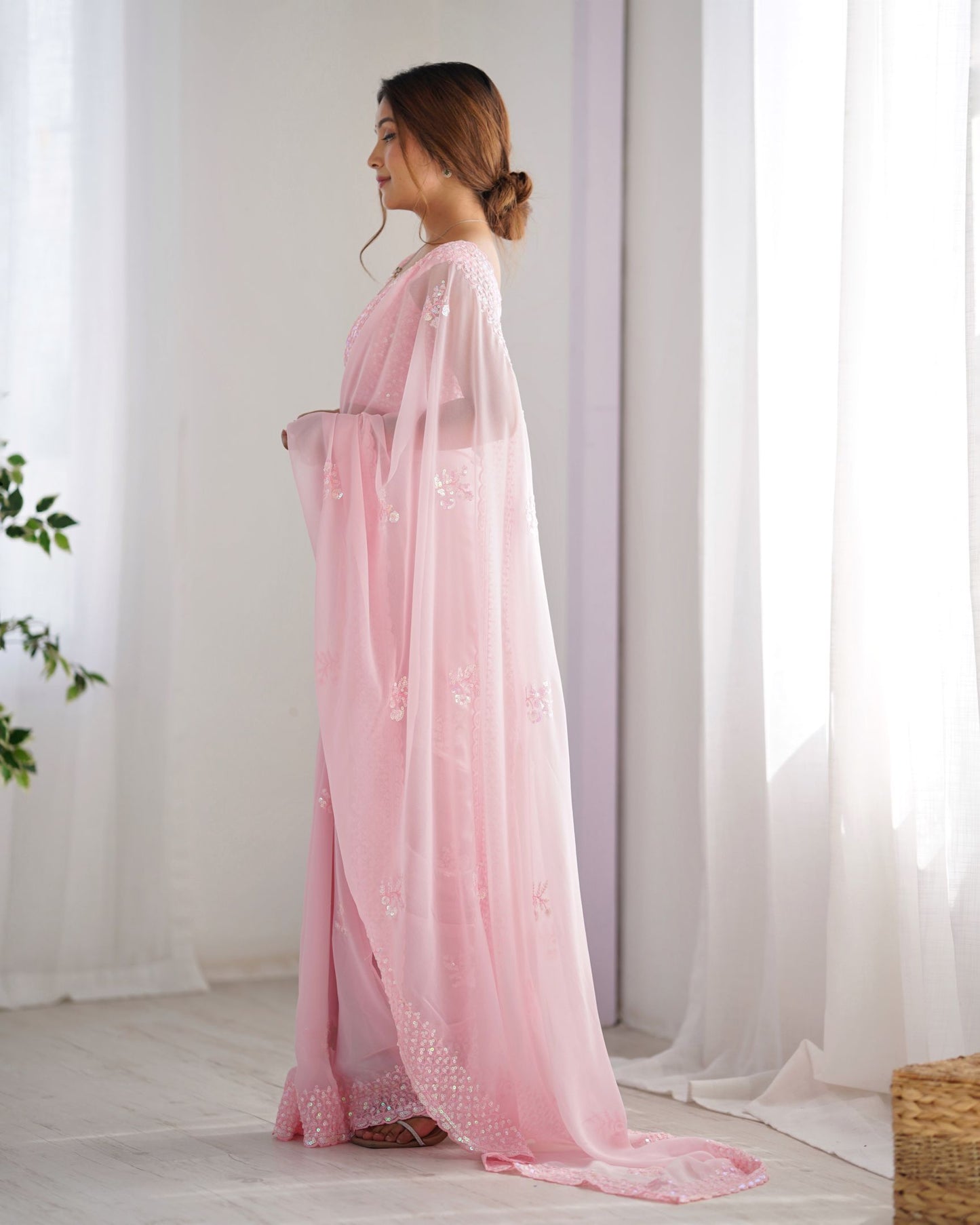 Graceful Pink Georgette Party Wear Saree with Thread & Sequence Work