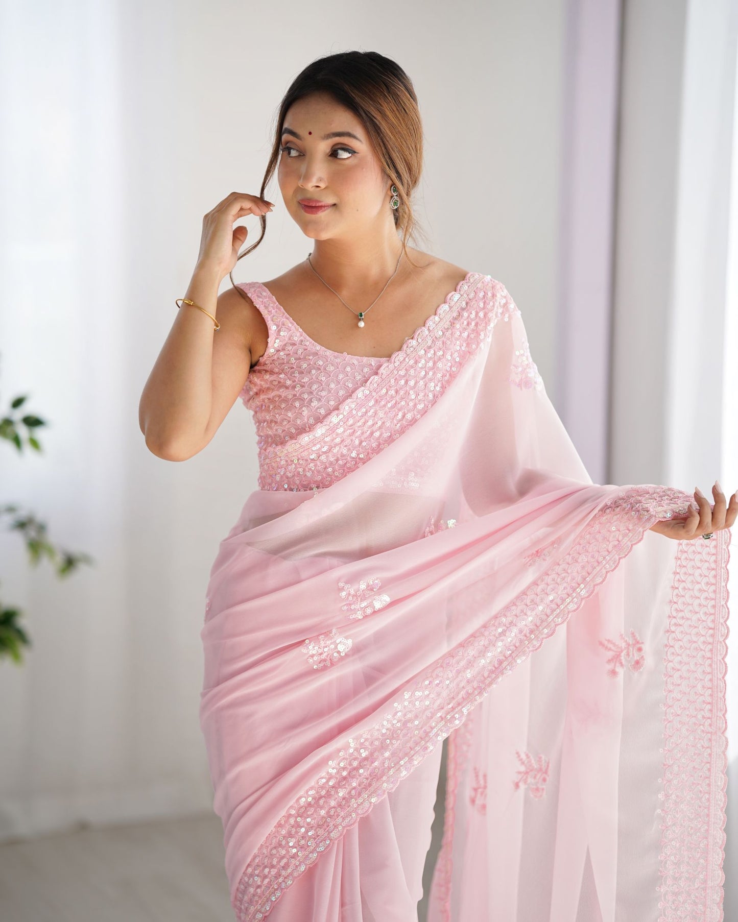 Graceful Pink Georgette Party Wear Saree with Thread & Sequence Work