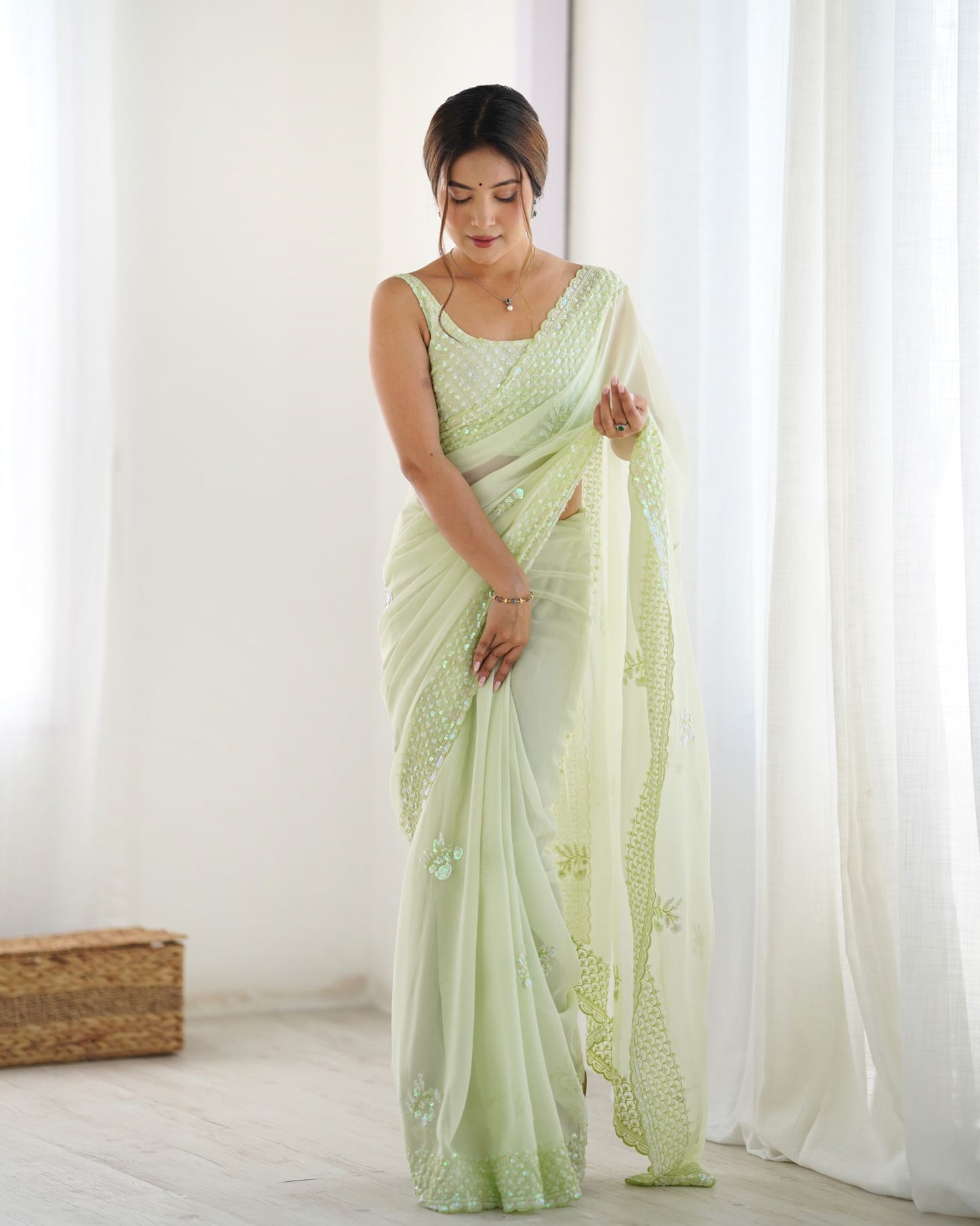Refreshing Pista Georgette Party Wear Saree with Thread & Sequence Work