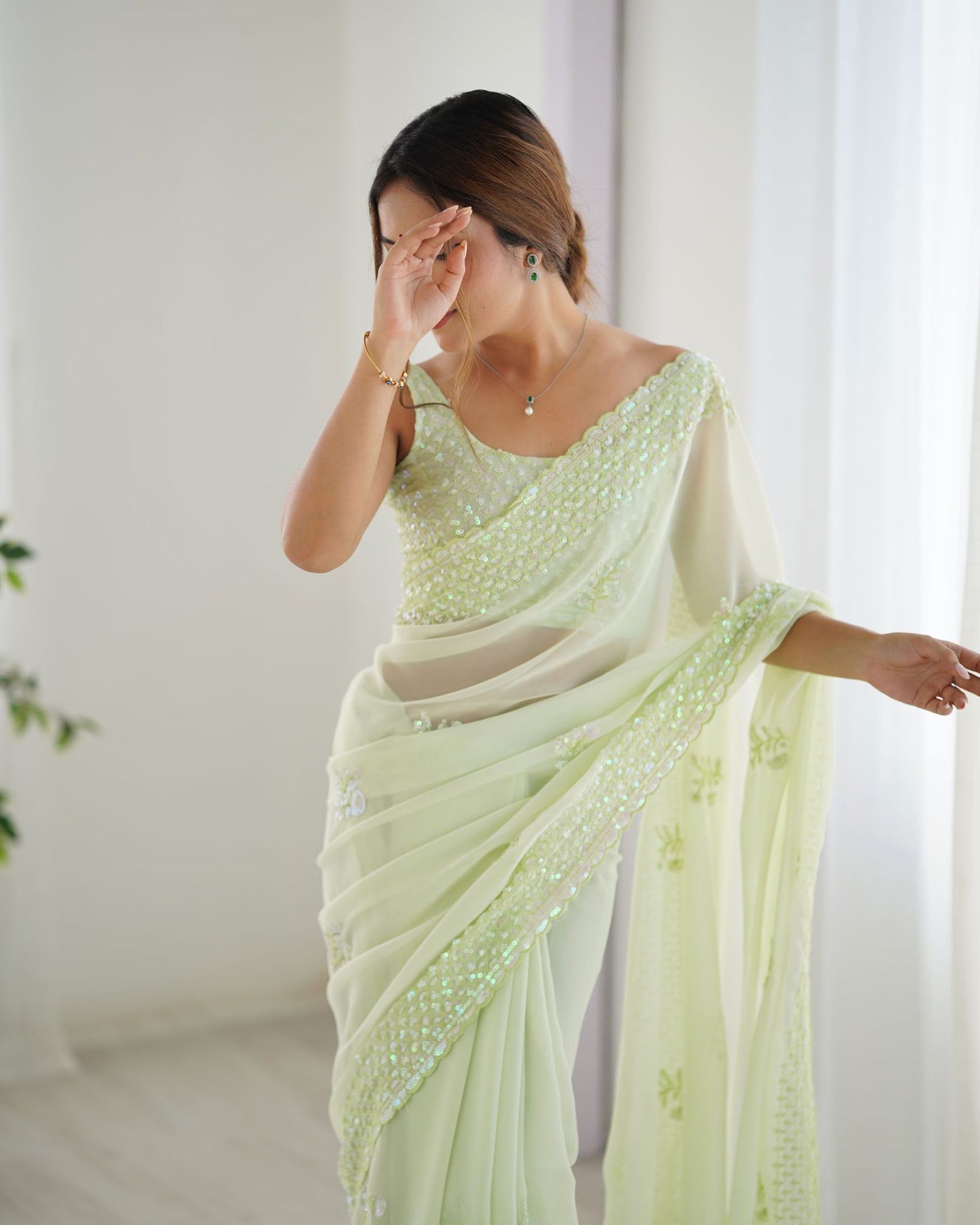 Refreshing Pista Georgette Party Wear Saree with Thread & Sequence Work