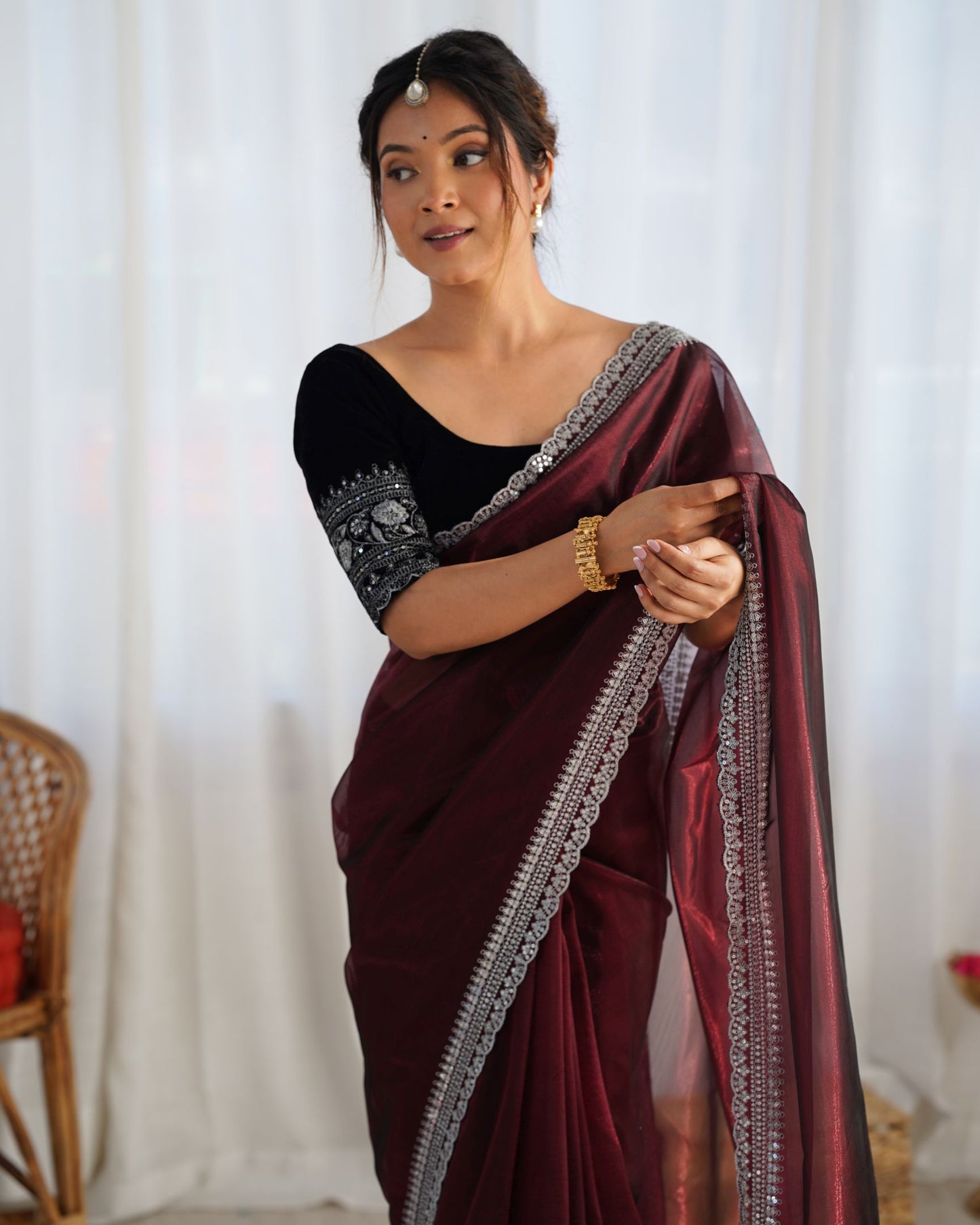Coffee Twill Net Party Wear Saree: Gold Jari & Sequin Embroidered Velvet