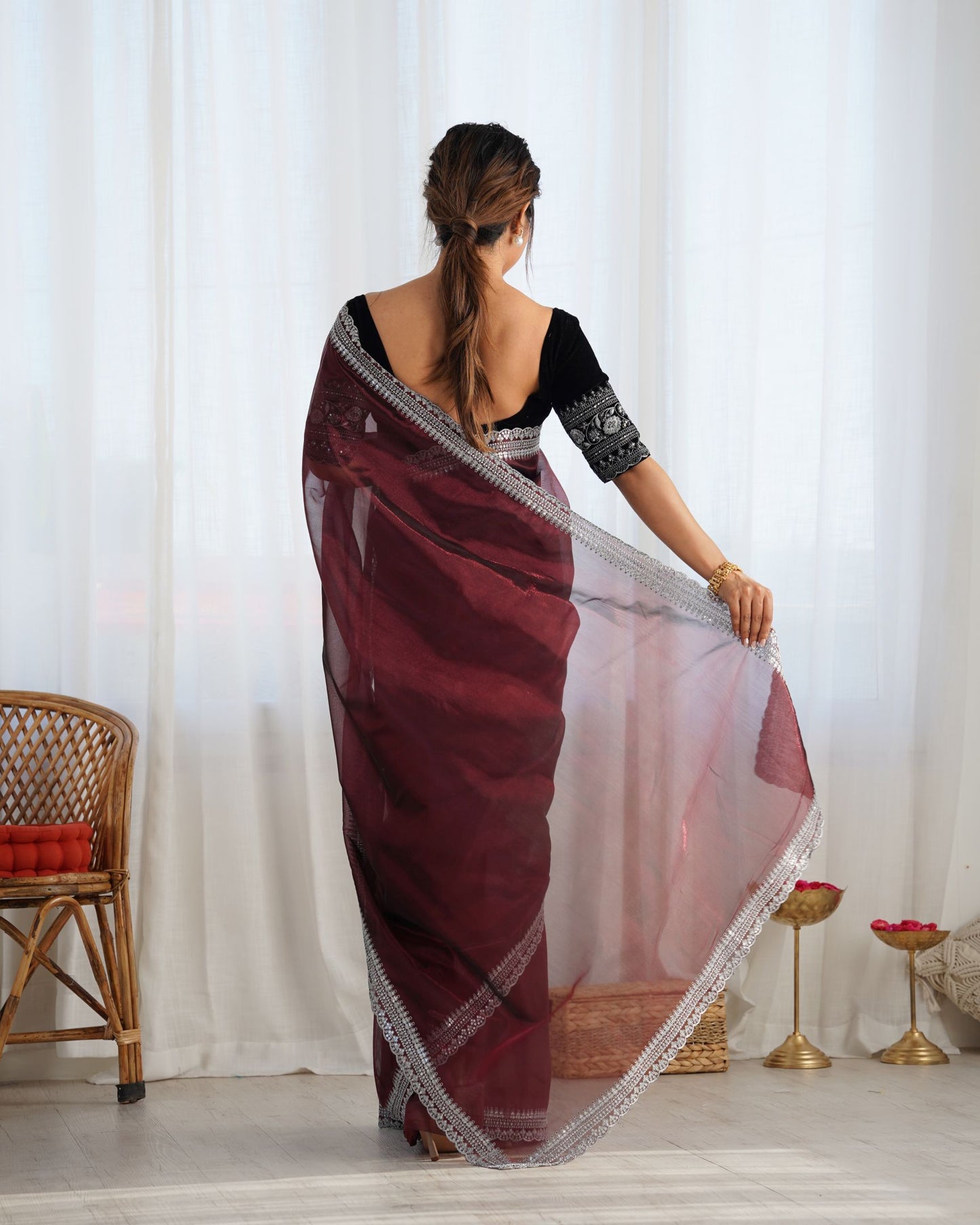 Coffee Twill Net Party Wear Saree: Gold Jari & Sequin Embroidered Velvet