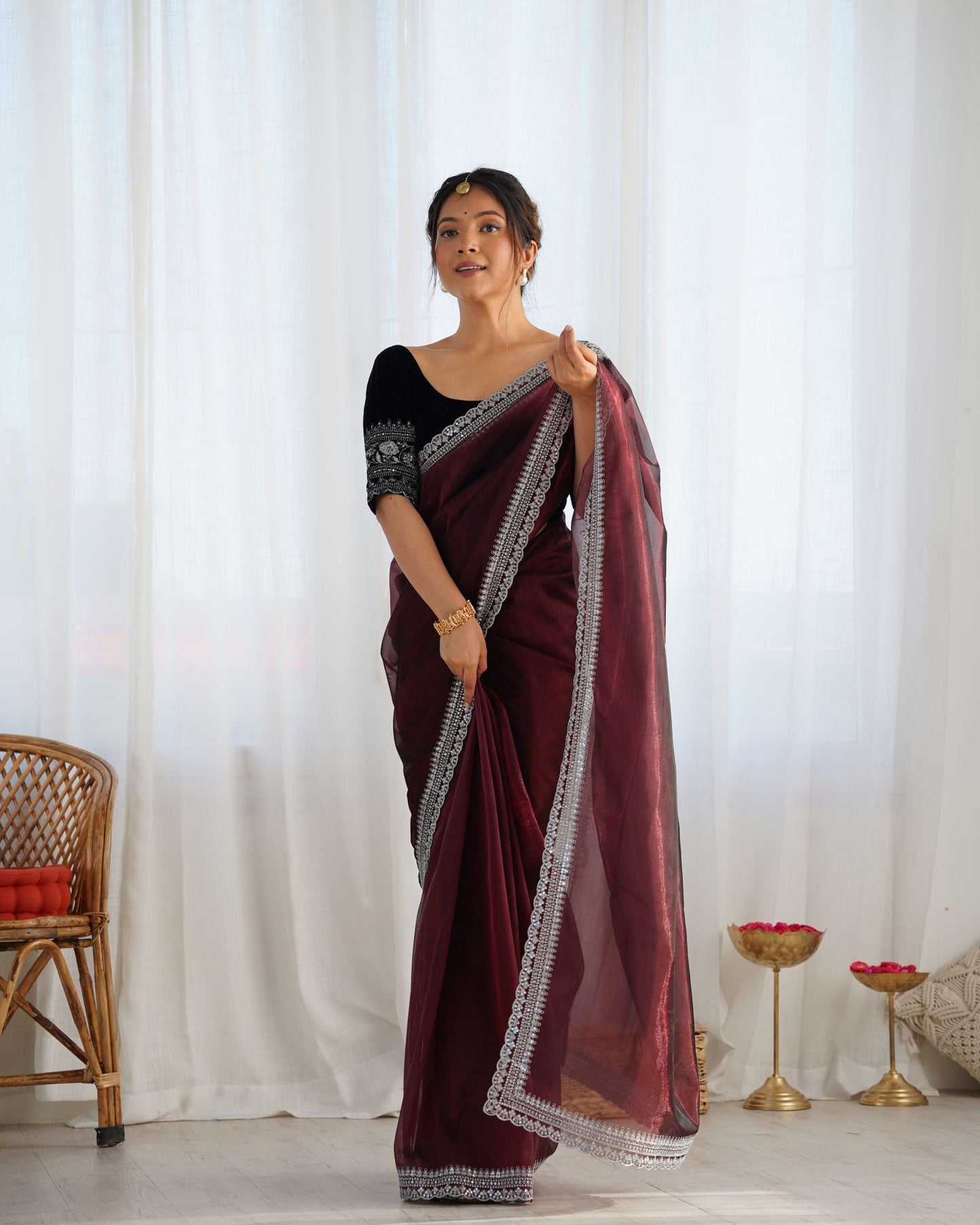 Coffee Twill Net Party Wear Saree: Gold Jari & Sequin Embroidered Velvet