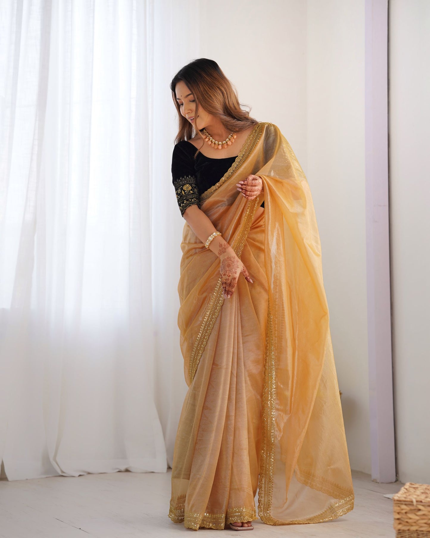 Gold Twill Net Party Wear Saree: Gold Jari & Sequin Embroidered Velvet Blouse