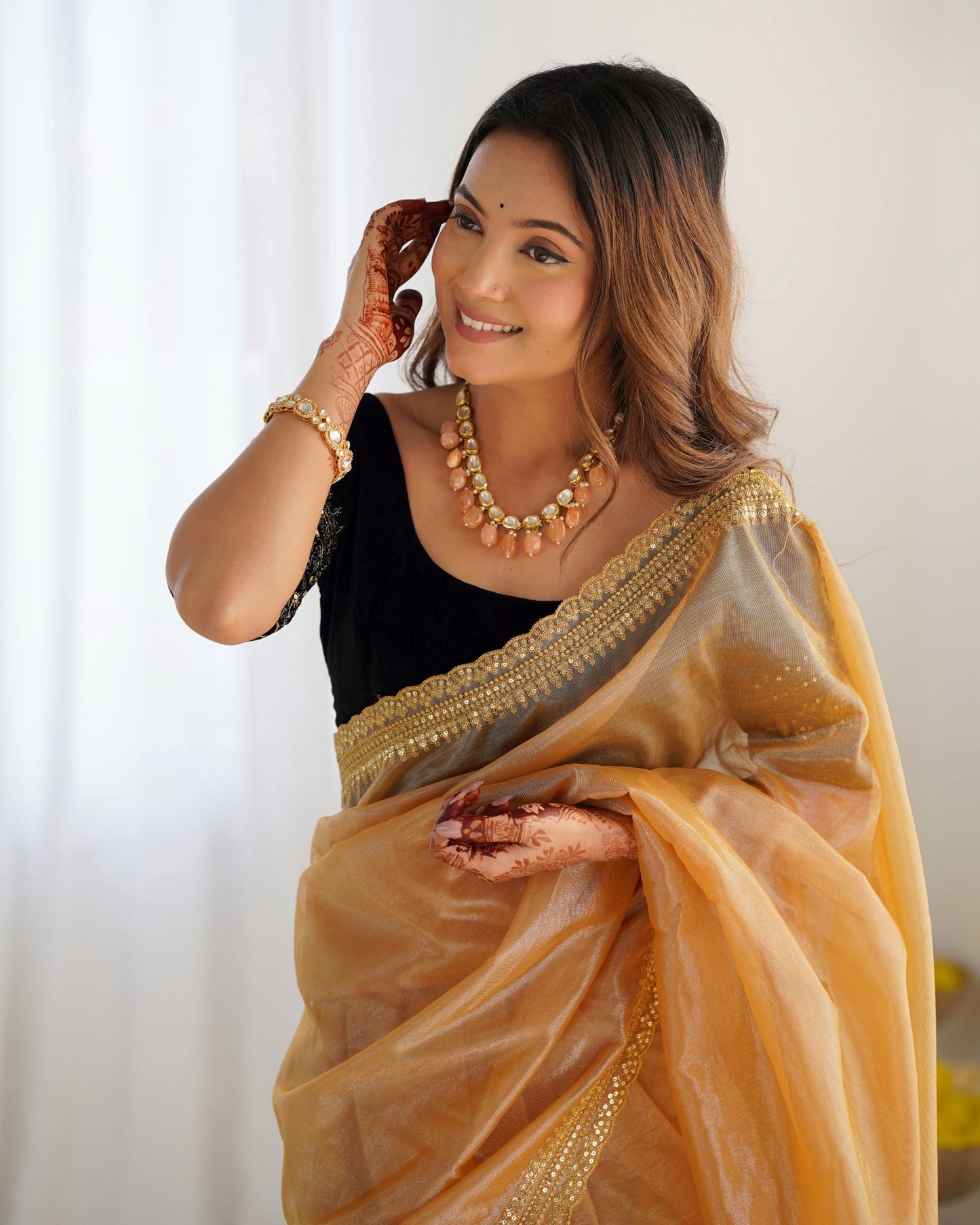 Gold Twill Net Party Wear Saree: Gold Jari & Sequin Embroidered Velvet Blouse