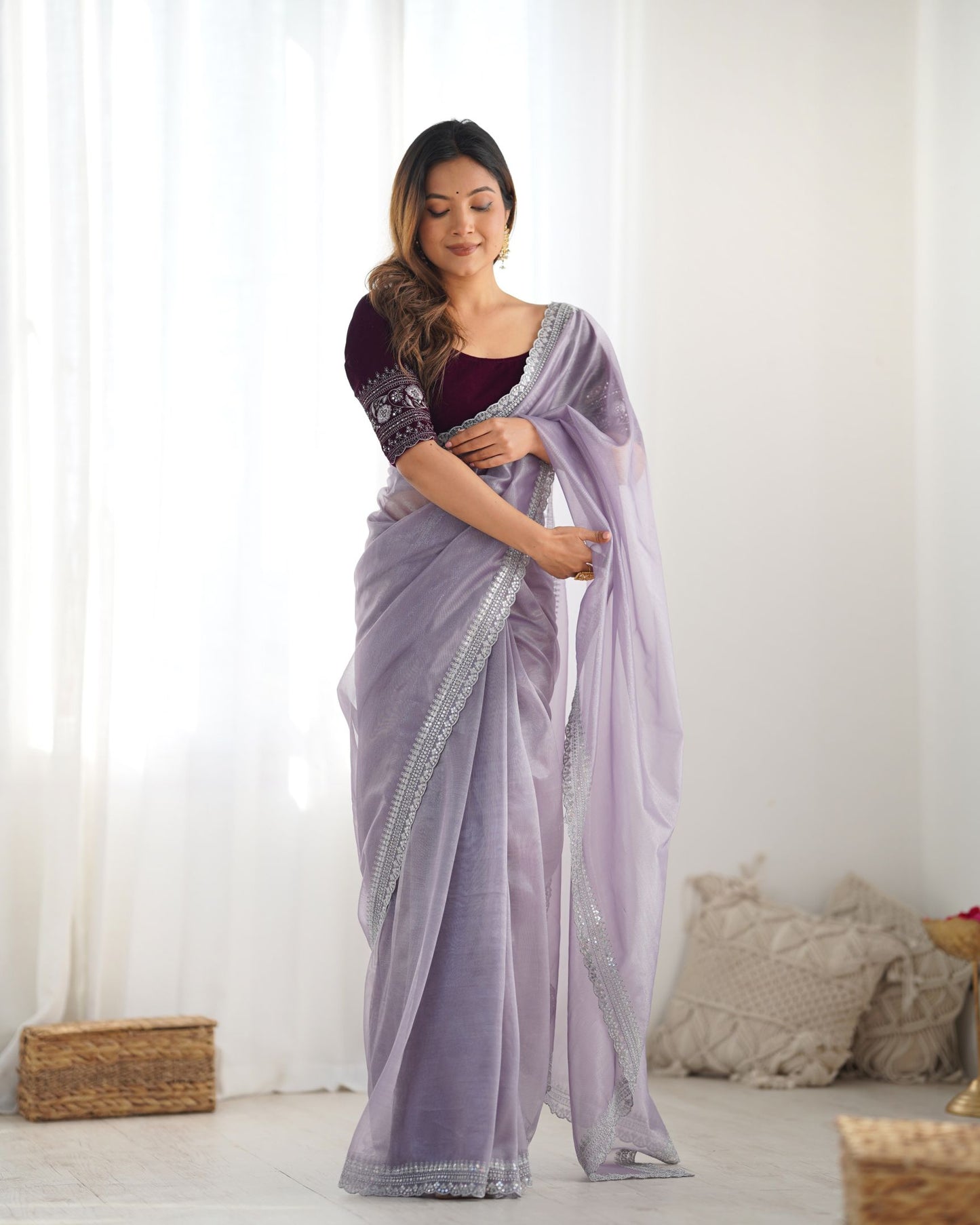 Lavender Twill Net Party Wear Saree: Gold Jari & Sequin Embroidered Velvet Blouse
