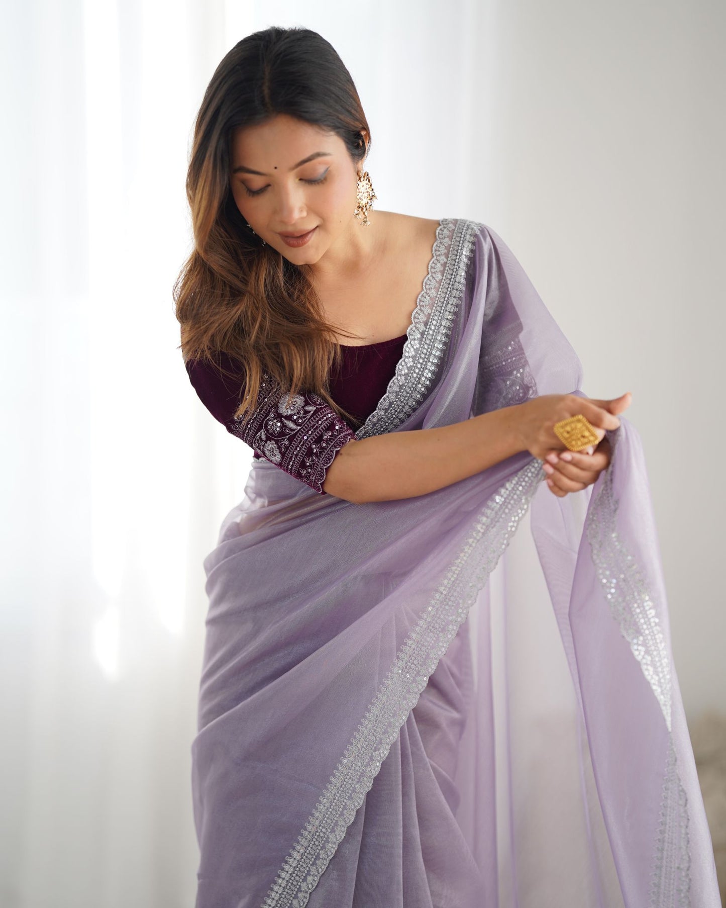 Lavender Twill Net Party Wear Saree: Gold Jari & Sequin Embroidered Velvet Blouse