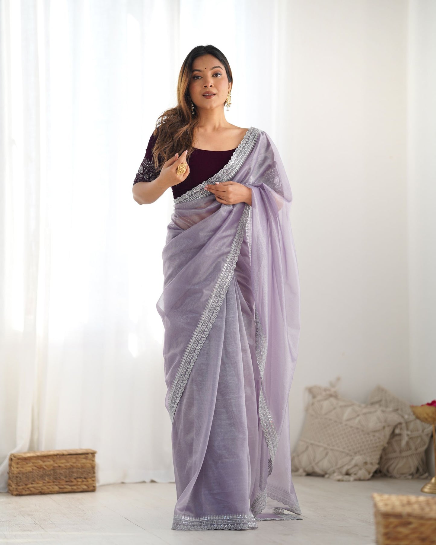 Lavender Twill Net Party Wear Saree: Gold Jari & Sequin Embroidered Velvet Blouse