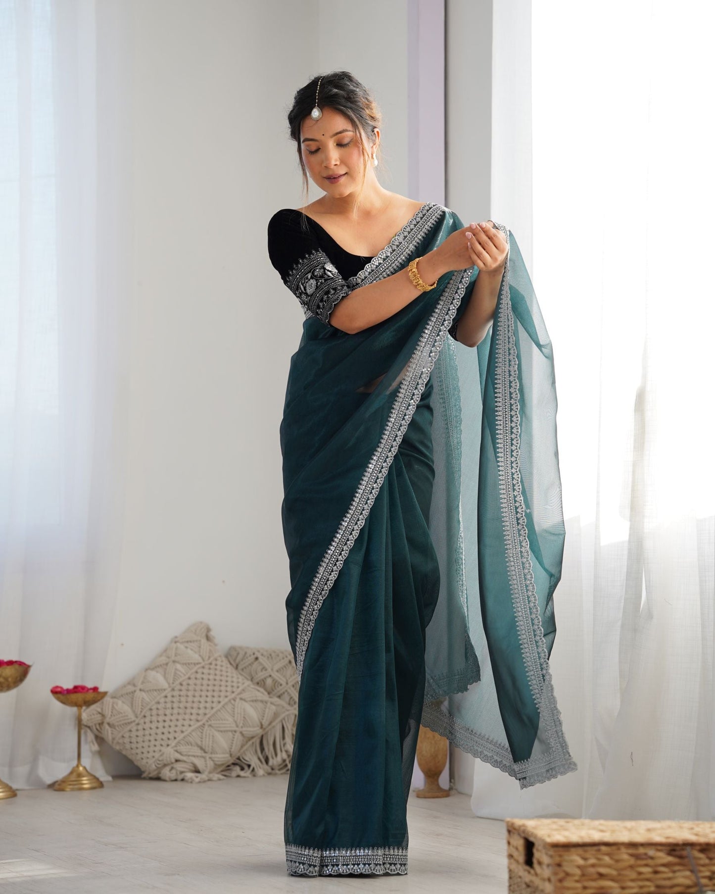 Rama Twill Net Party Wear Saree: Gold Jari & Sequin Embroidered Velvet Blouse