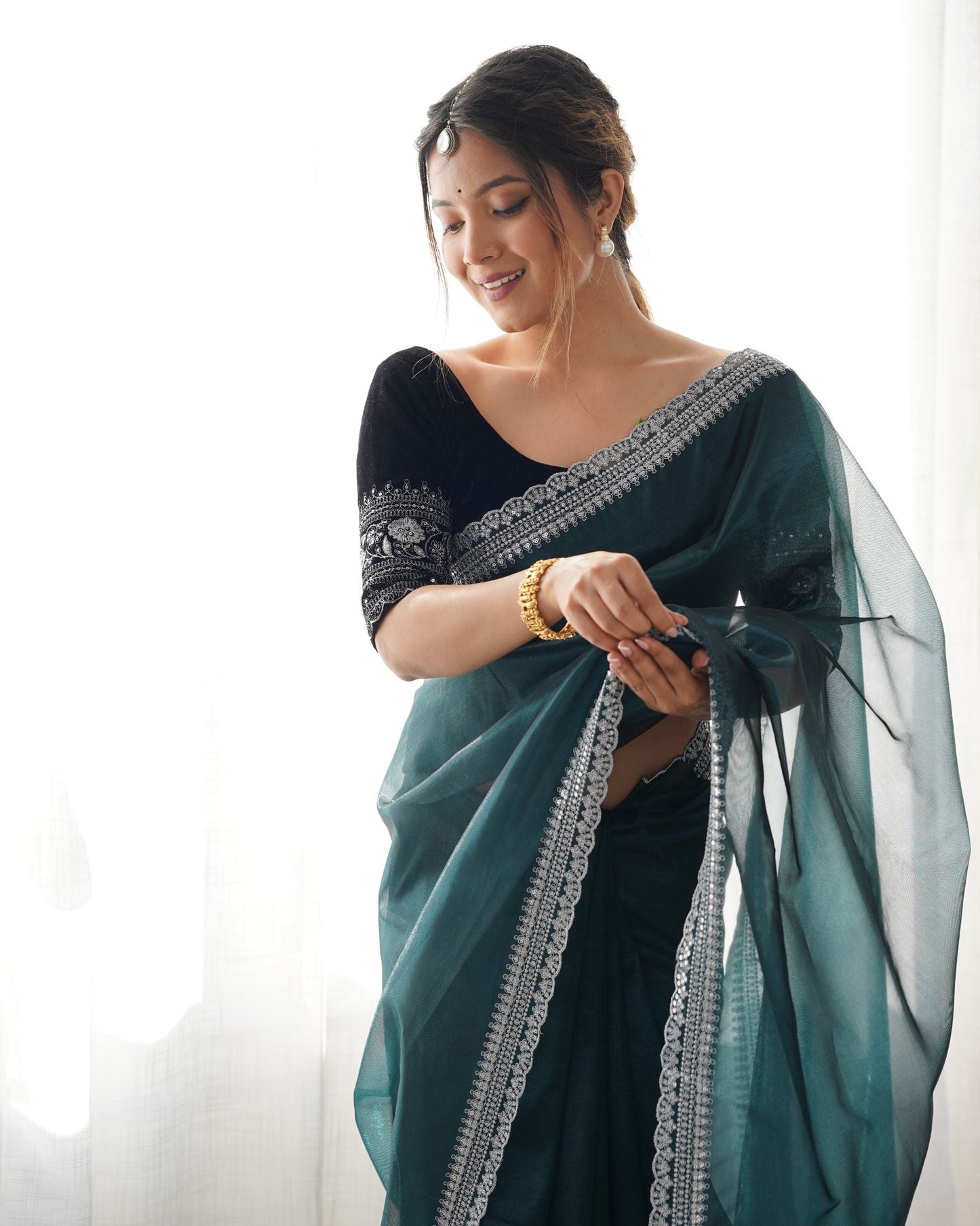 Rama Twill Net Party Wear Saree: Gold Jari & Sequin Embroidered Velvet Blouse