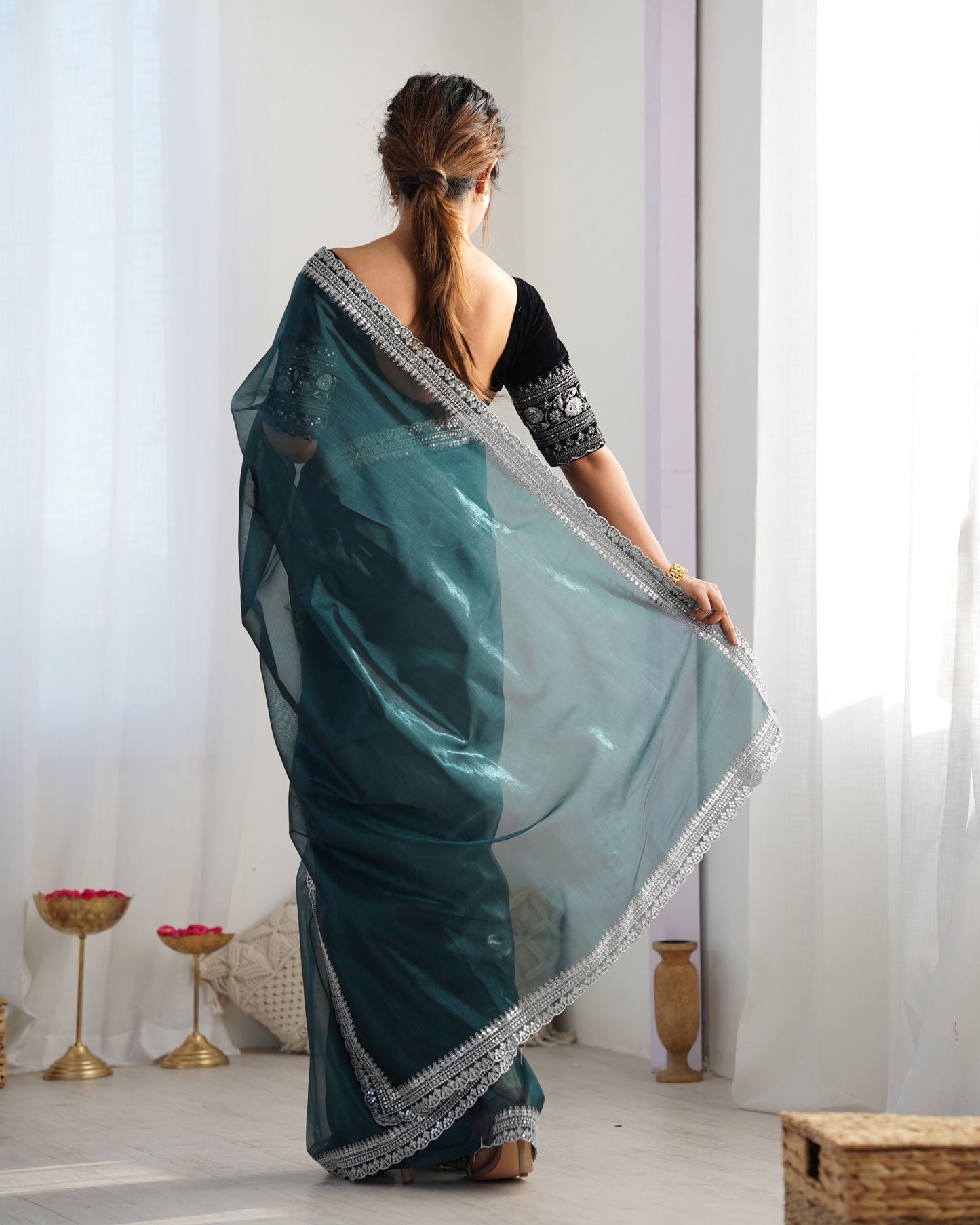Rama Twill Net Party Wear Saree: Gold Jari & Sequin Embroidered Velvet Blouse