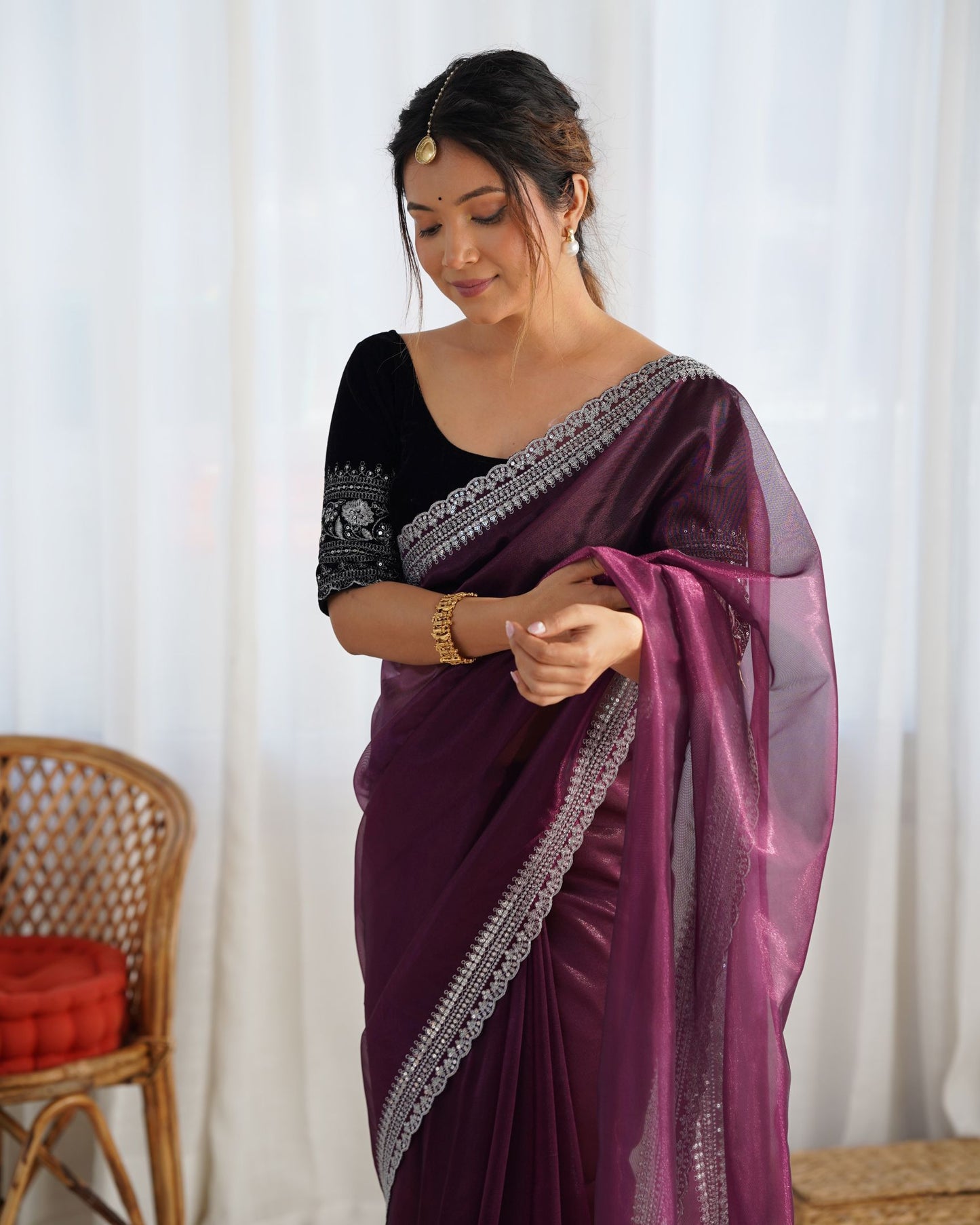 Wine Twill Net Party Wear Saree: Gold Jari & Sequin Embroidered Velvet Blouse