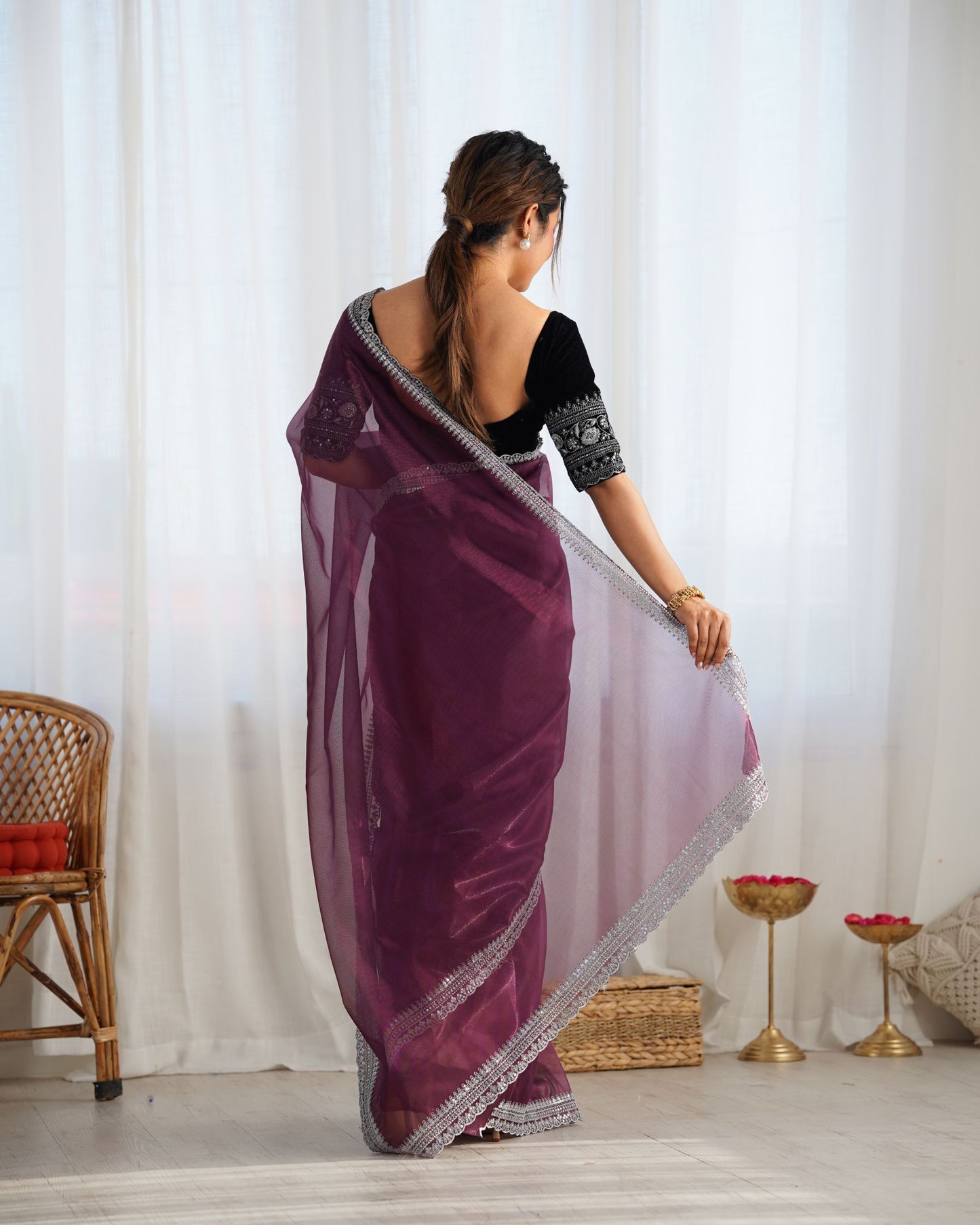 Wine Twill Net Party Wear Saree: Gold Jari & Sequin Embroidered Velvet Blouse