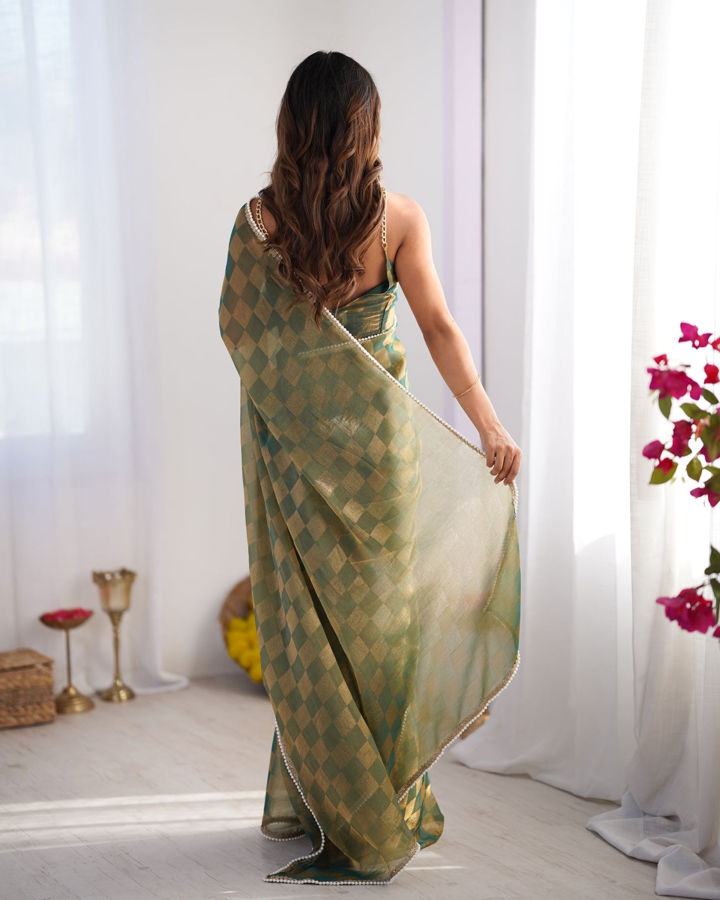 Green NC Chiffon Chex Saree: Wevon Chex Design with Moti Lace Border