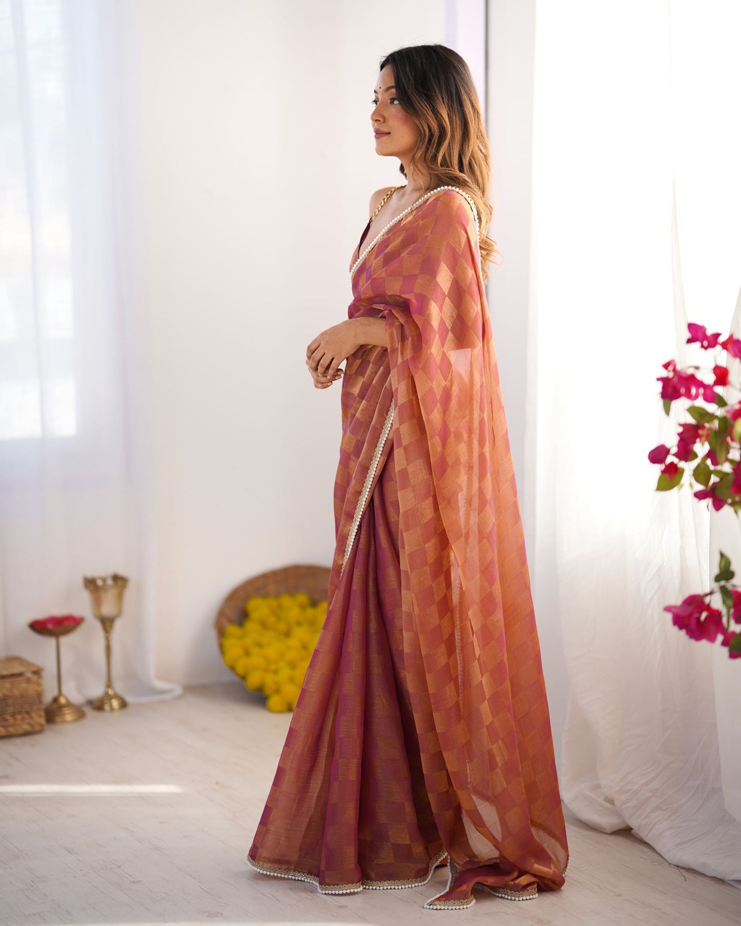 Rust NC Chiffon Chex Saree: Wevon Chex Design with Moti Lace Border