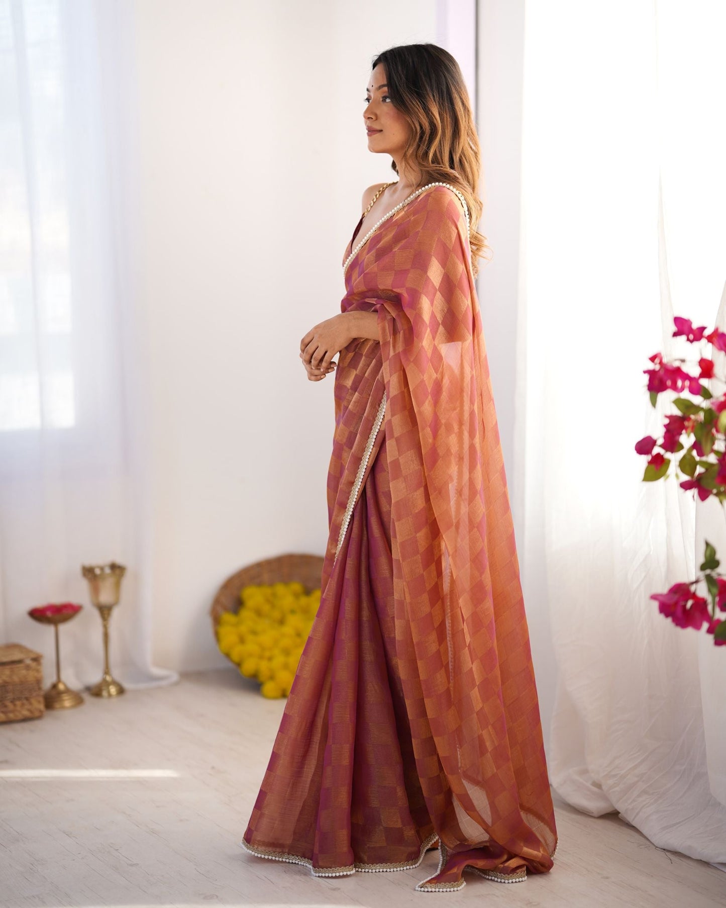 Rust NC Chiffon Chex Saree: Wevon Chex Design with Moti Lace Border