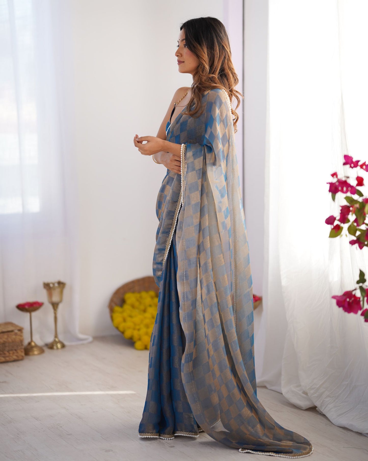 Blue NC Chiffon Chex Saree: Wevon Chex Design with Moti Lace Border