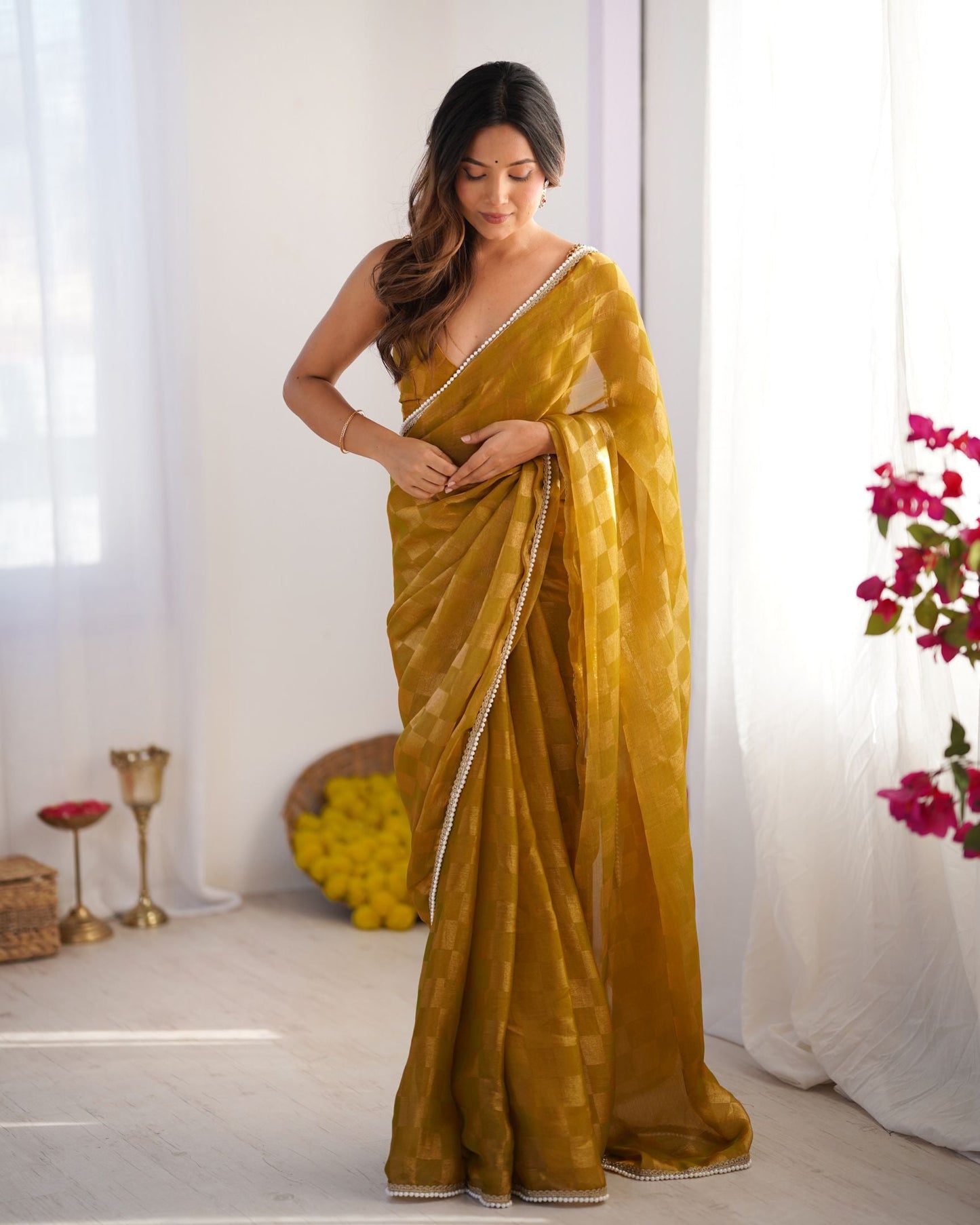 Vibrant Mustard NC Chiffon Chex Saree: Wevon Chex Design with Moti Lace Border