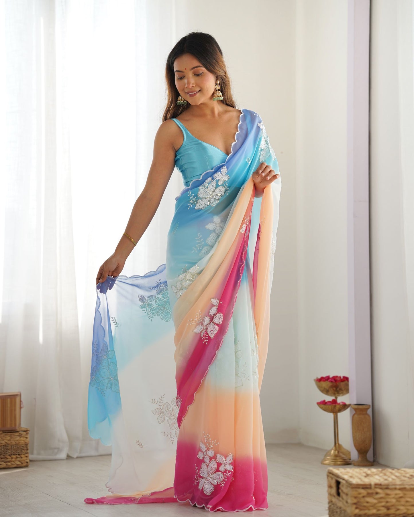 Sky Blue Georgette Party Wear Saree: Dual-Shaded, Sequins, Padding Color Print, Ultra Satin Blouse
