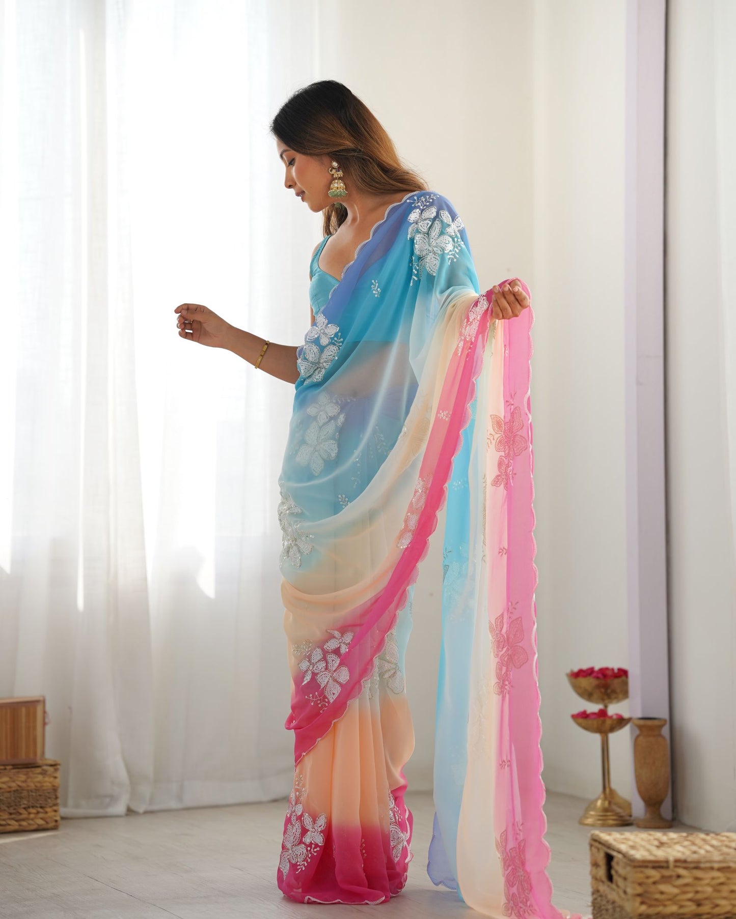 Sky Blue Georgette Party Wear Saree: Dual-Shaded, Sequins, Padding Color Print, Ultra Satin Blouse
