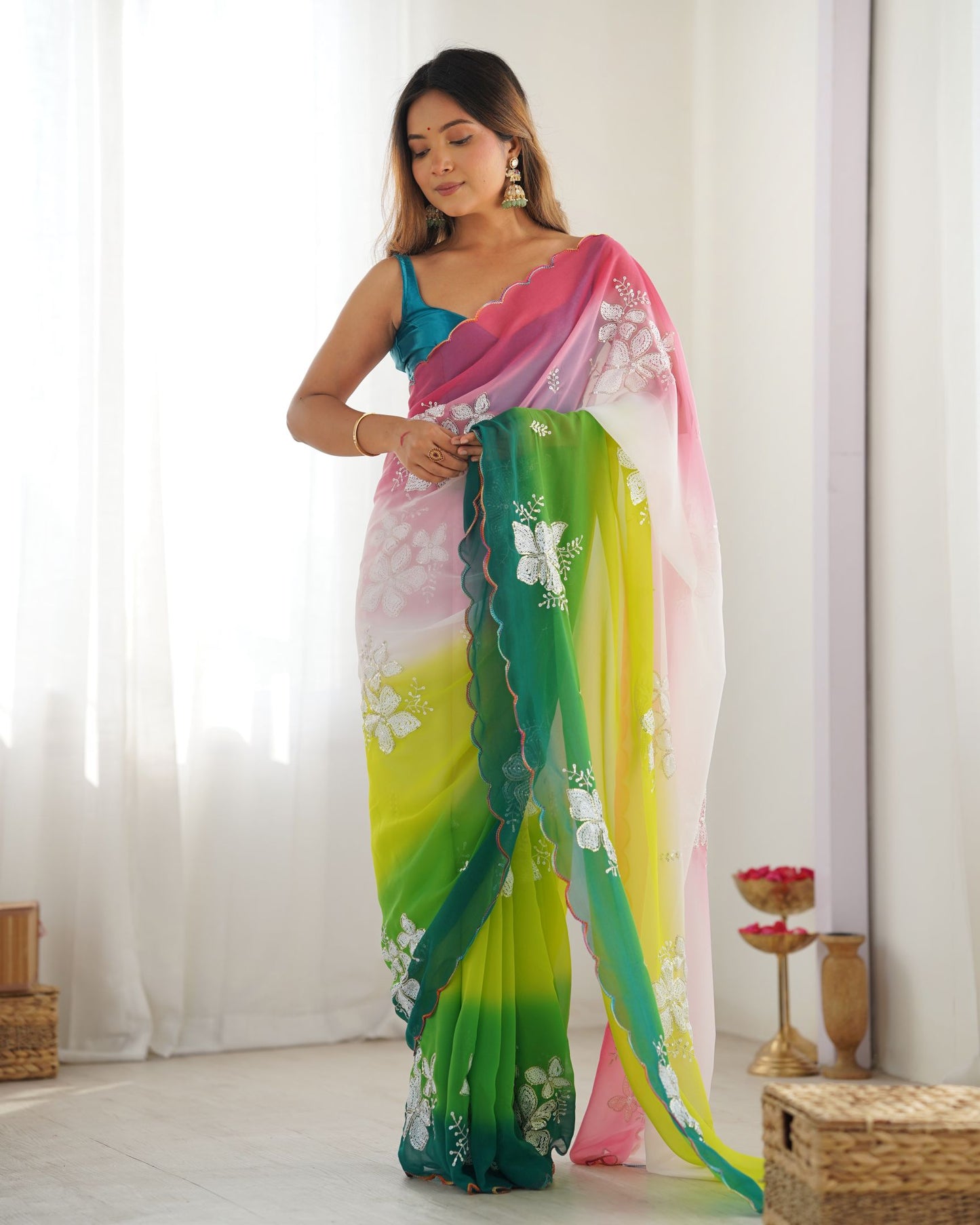 Green Georgette Party Wear Saree: Dual-Shaded, Sequins, Pedding Print with Rama Ultra Satin Blouse