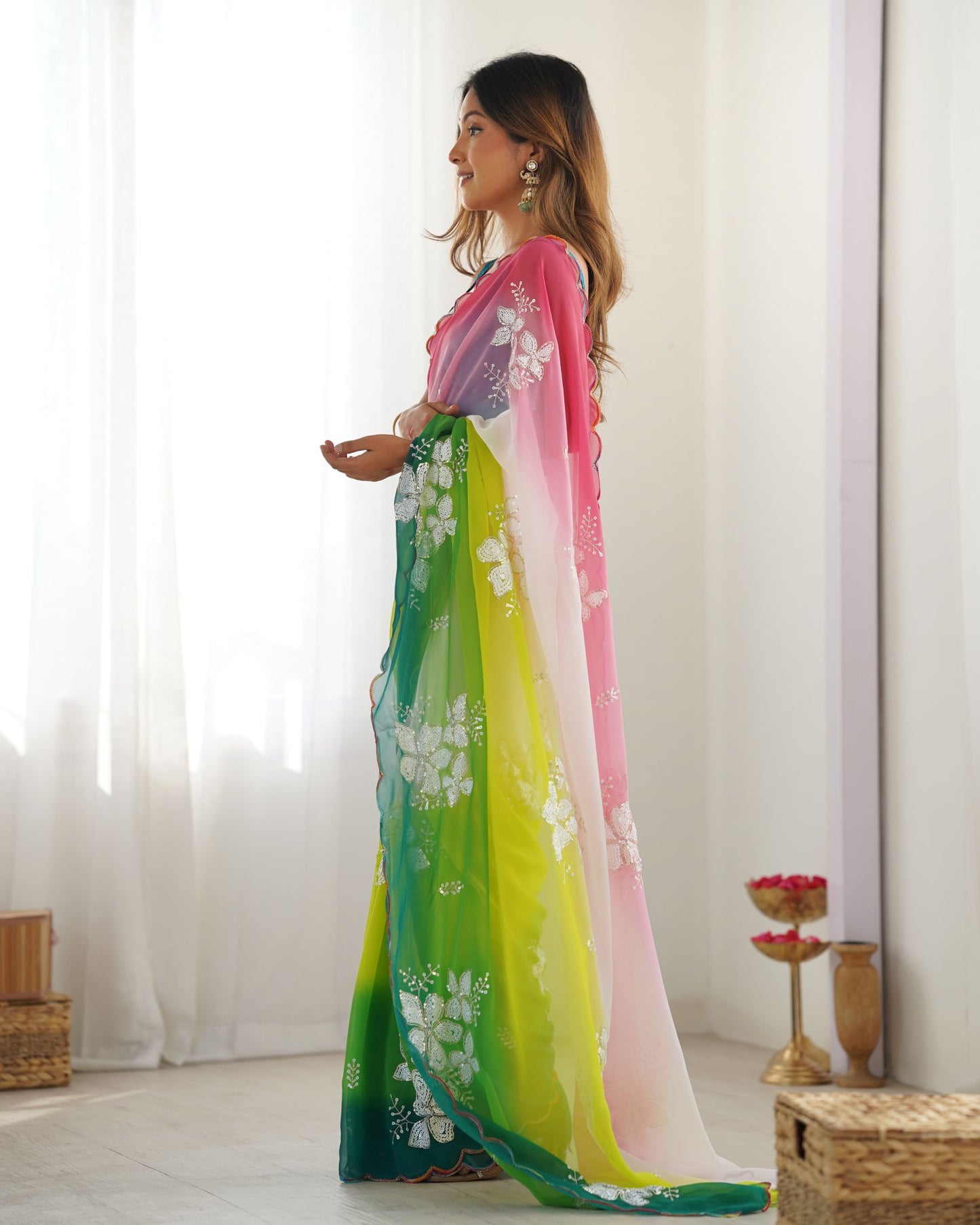 Green Georgette Party Wear Saree: Dual-Shaded, Sequins, Pedding Print with Rama Ultra Satin Blouse