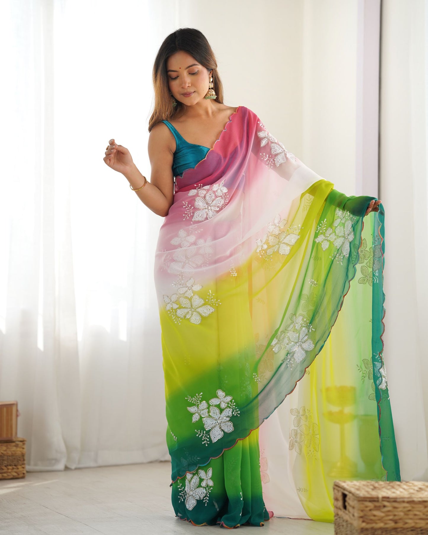 Green Georgette Party Wear Saree: Dual-Shaded, Sequins, Pedding Print with Rama Ultra Satin Blouse