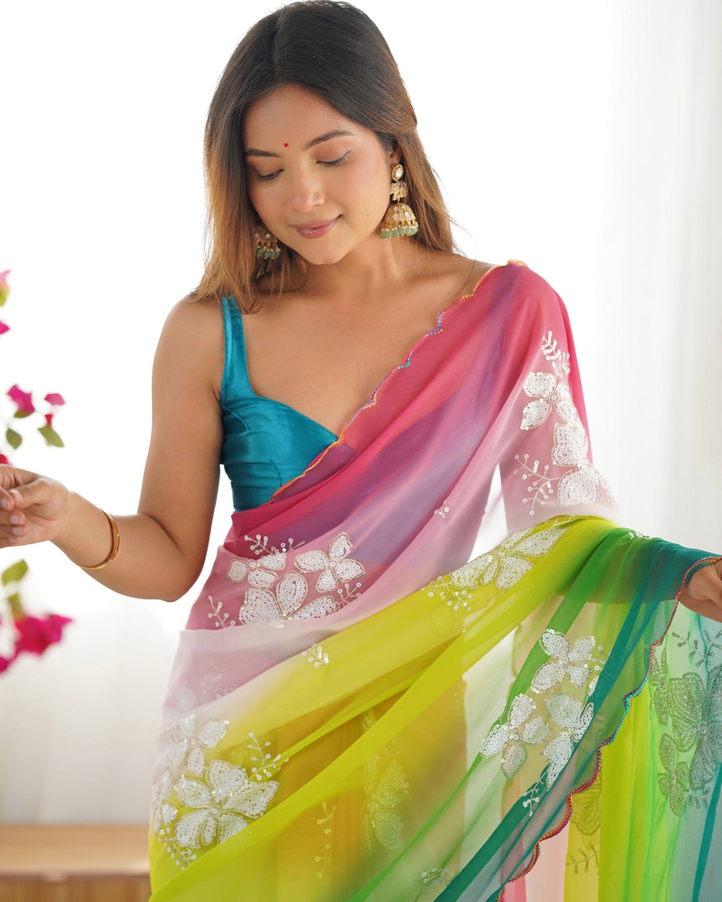 Green Georgette Party Wear Saree: Dual-Shaded, Sequins, Pedding Print with Rama Ultra Satin Blouse