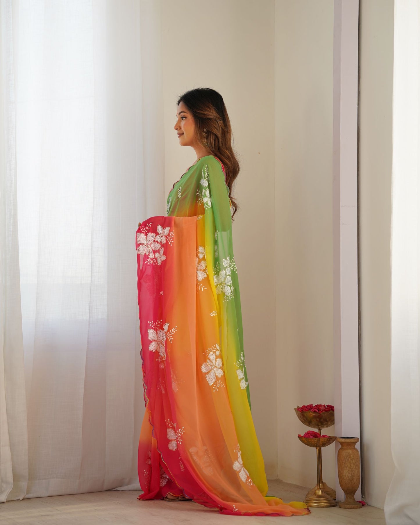Yellow Georgette Party Wear Saree: Dual-Shaded, Sequins, Padding Print with Pink Ultra Satin Blouse