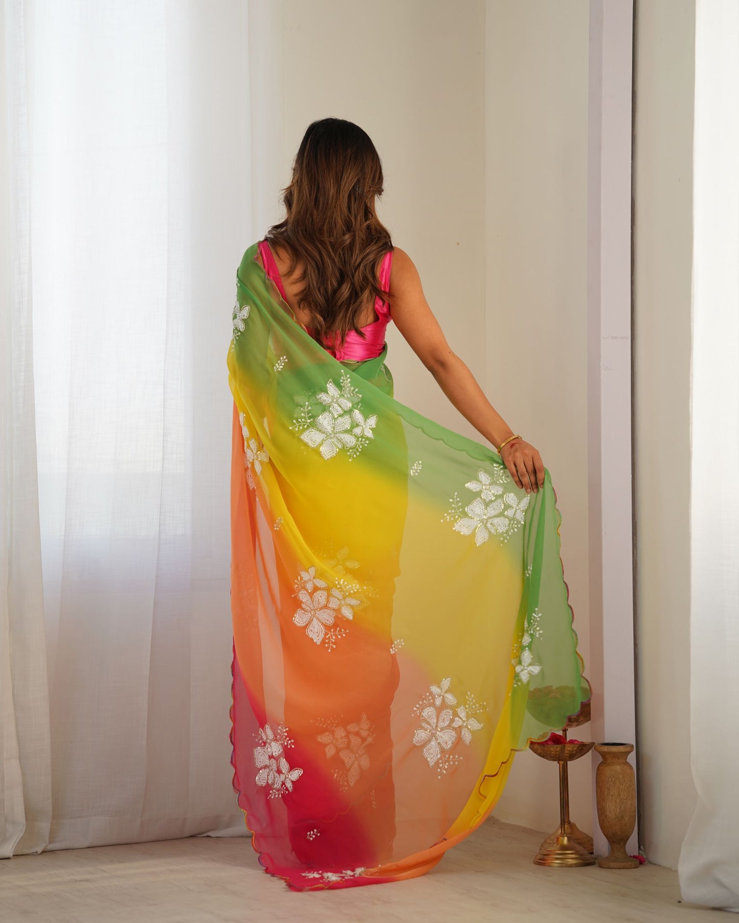 Yellow Georgette Party Wear Saree: Dual-Shaded, Sequins, Padding Print with Pink Ultra Satin Blouse