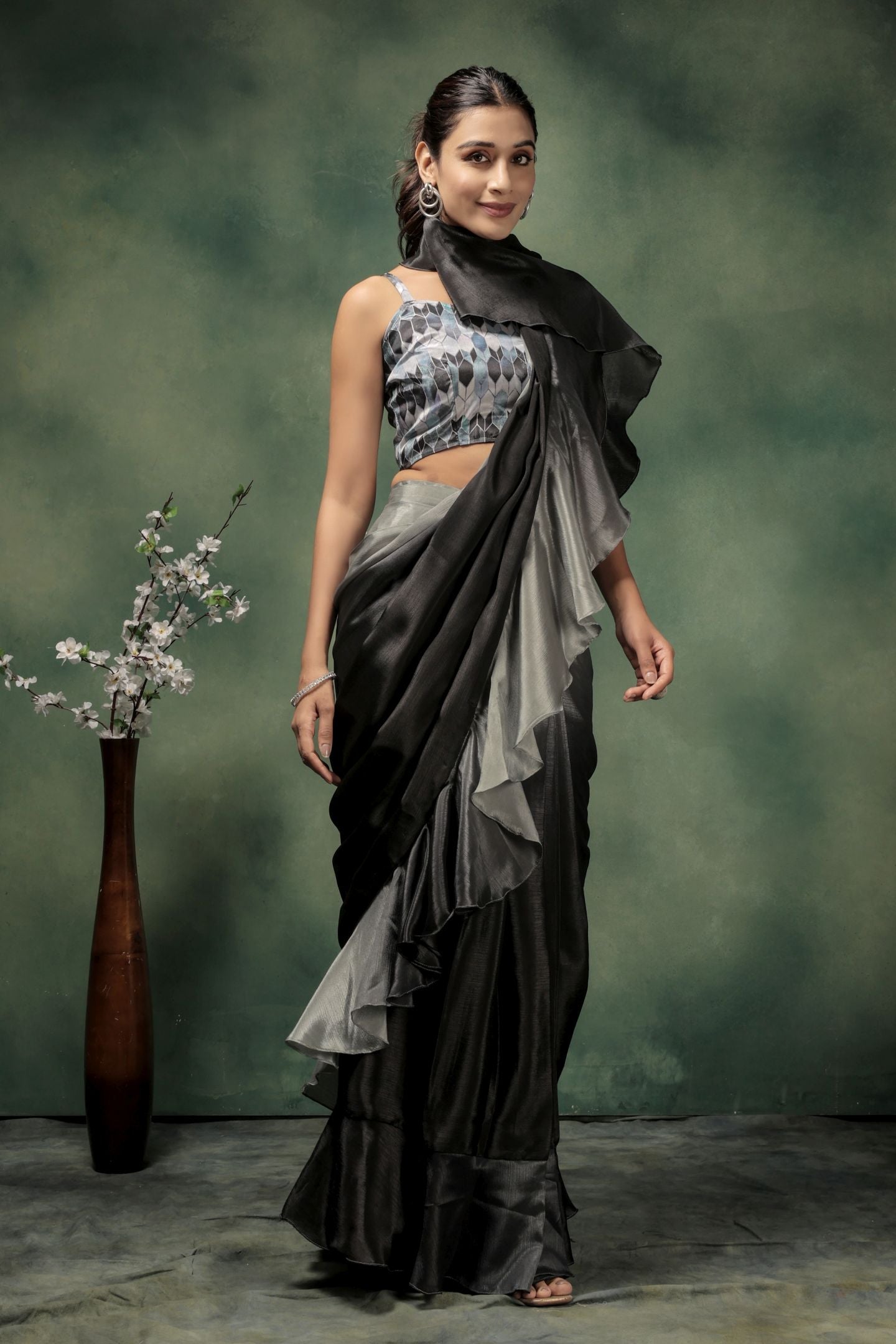 Grey Satin Ready To Wear Party Wear Saree