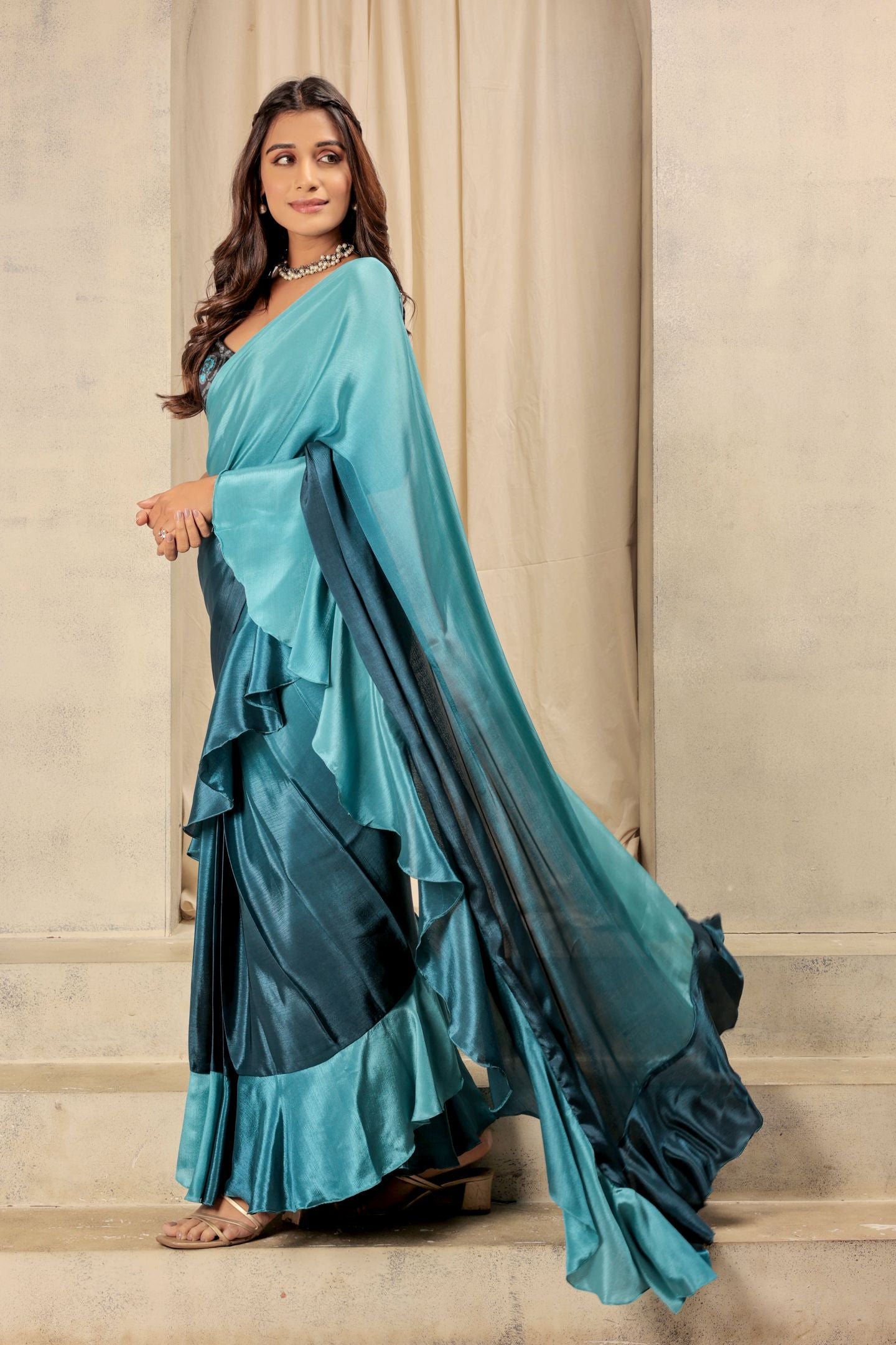 Blue Satin Ready To Wear Party Wear Saree