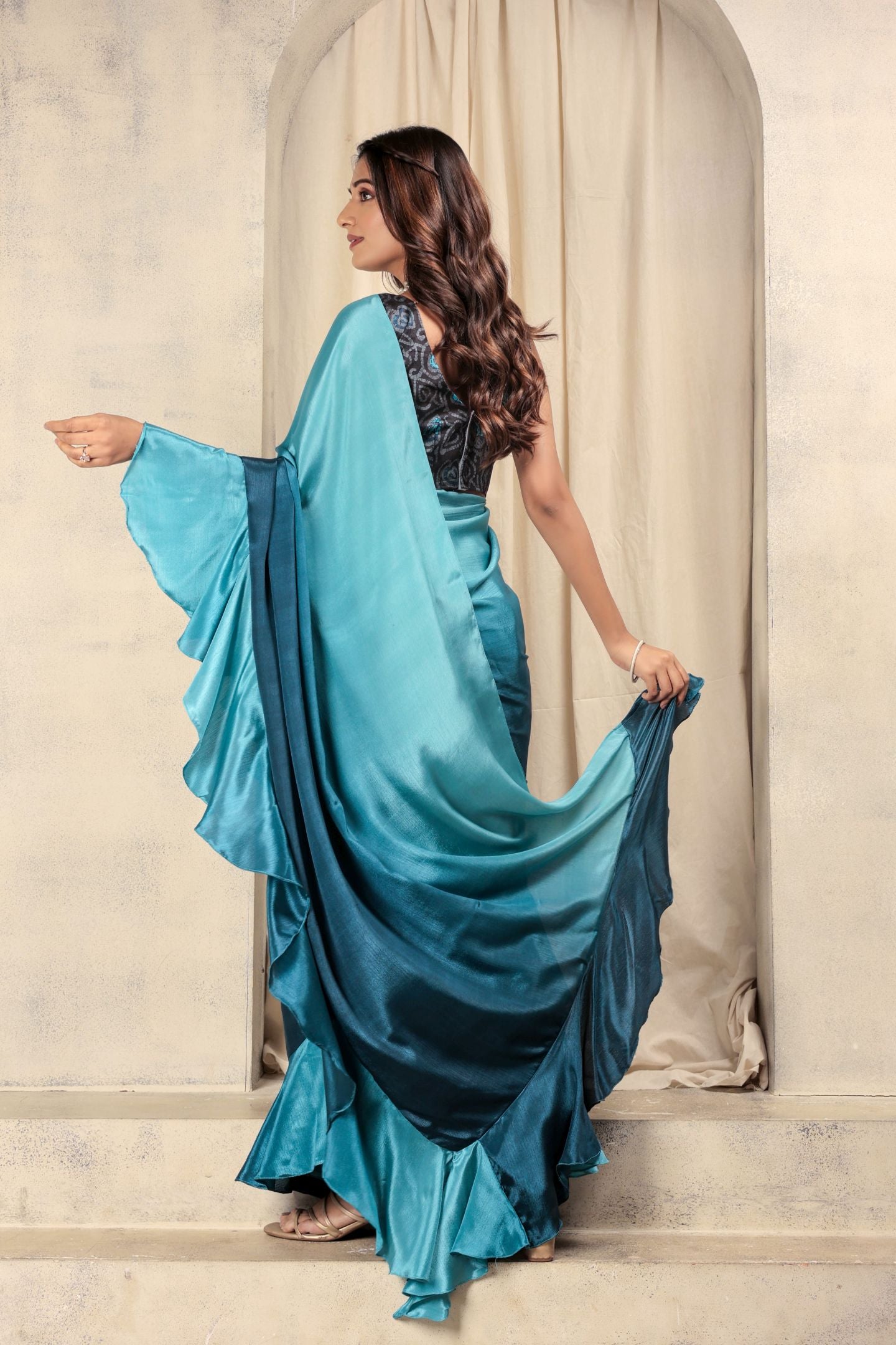 Blue Satin Ready To Wear Party Wear Saree