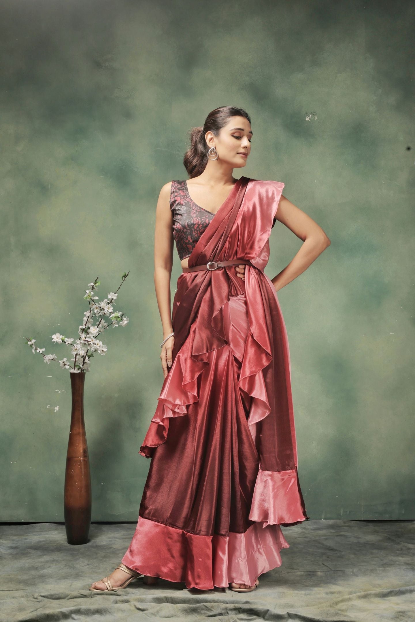 Pink Satin Ready To Wear Party Wear Saree