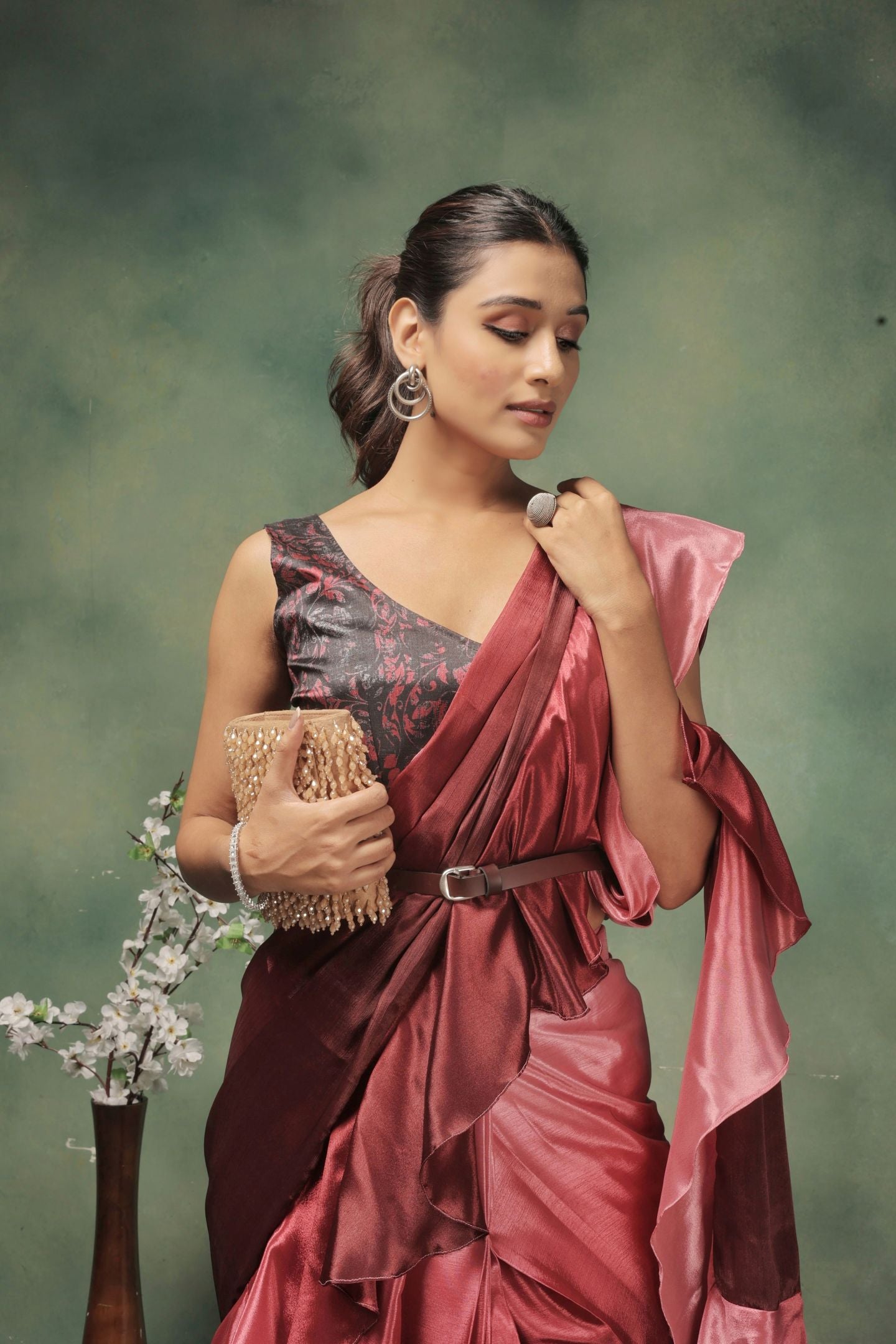 Pink Satin Ready To Wear Party Wear Saree