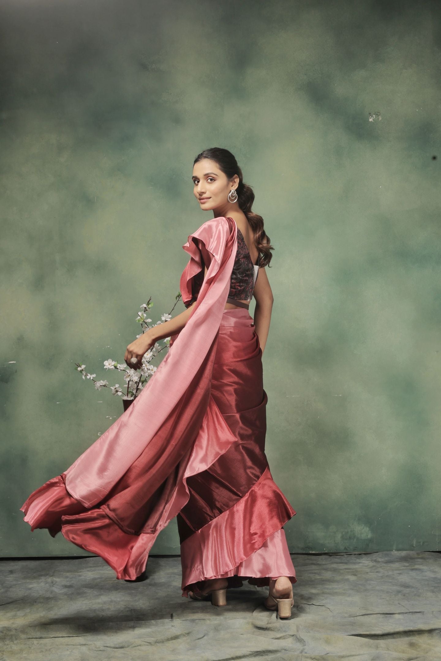 Pink Satin Ready To Wear Party Wear Saree