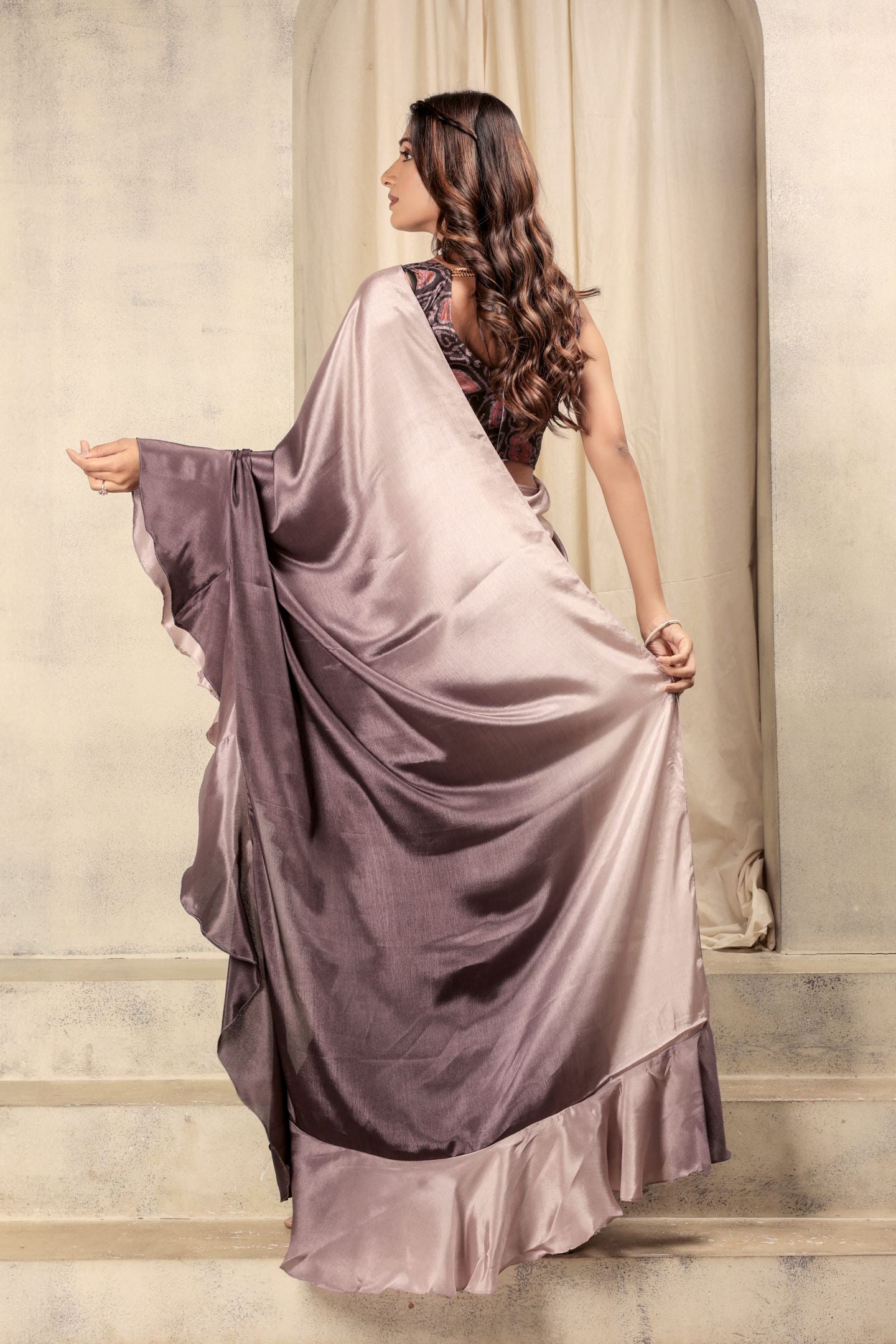 Wine Satin Ready To Wear Party Wear Saree
