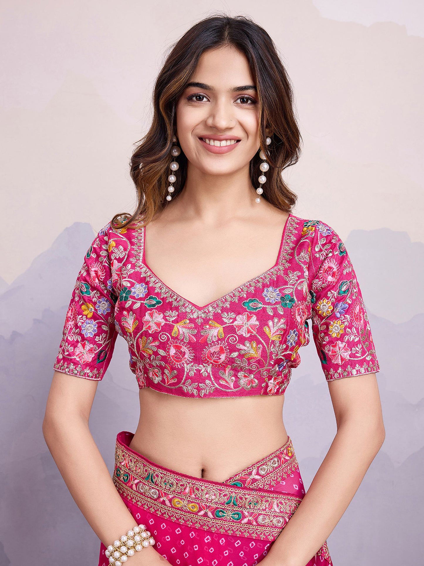 Pink Georgette Bandhani Printed Saree: Embroidery Lace Border, Art Silk Blouse