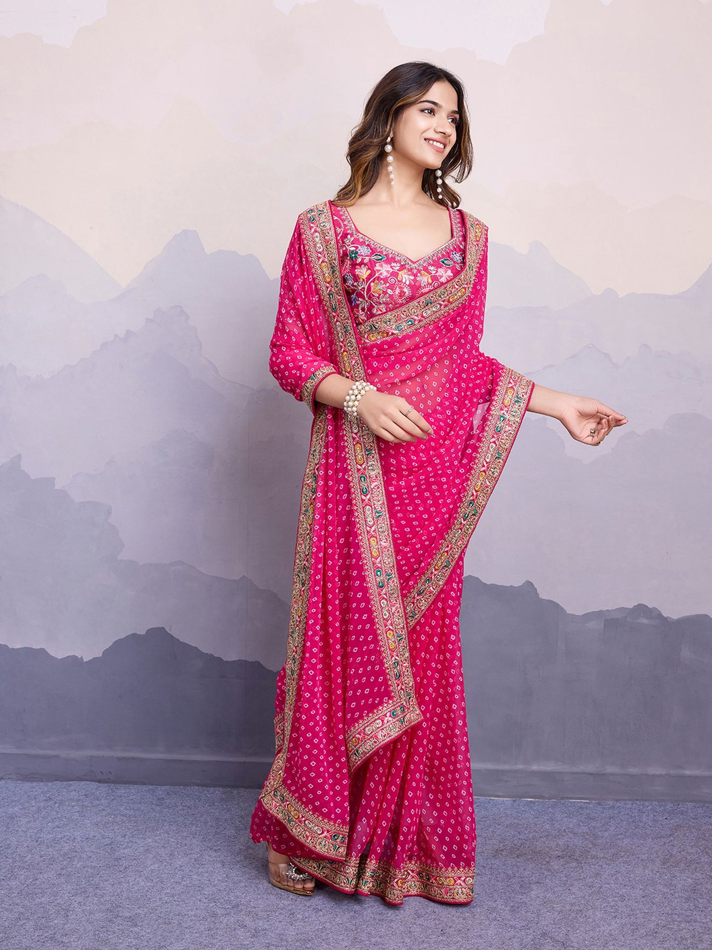 Pink Georgette Bandhani Printed Saree: Embroidery Lace Border, Art Silk Blouse