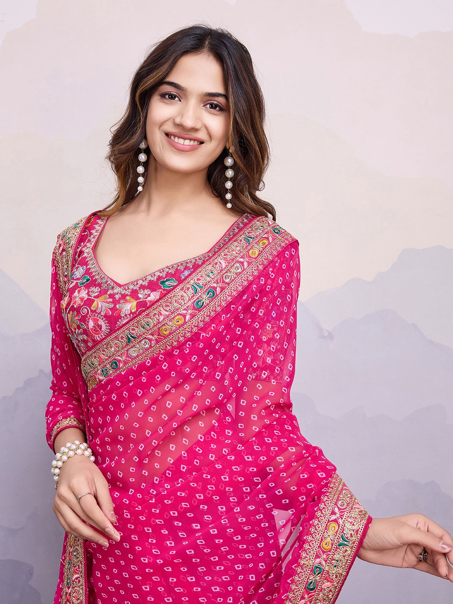 Pink Georgette Bandhani Printed Saree: Embroidery Lace Border, Art Silk Blouse