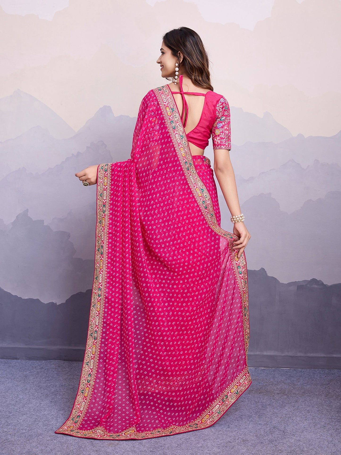 Pink Georgette Bandhani Printed Saree: Embroidery Lace Border, Art Silk Blouse