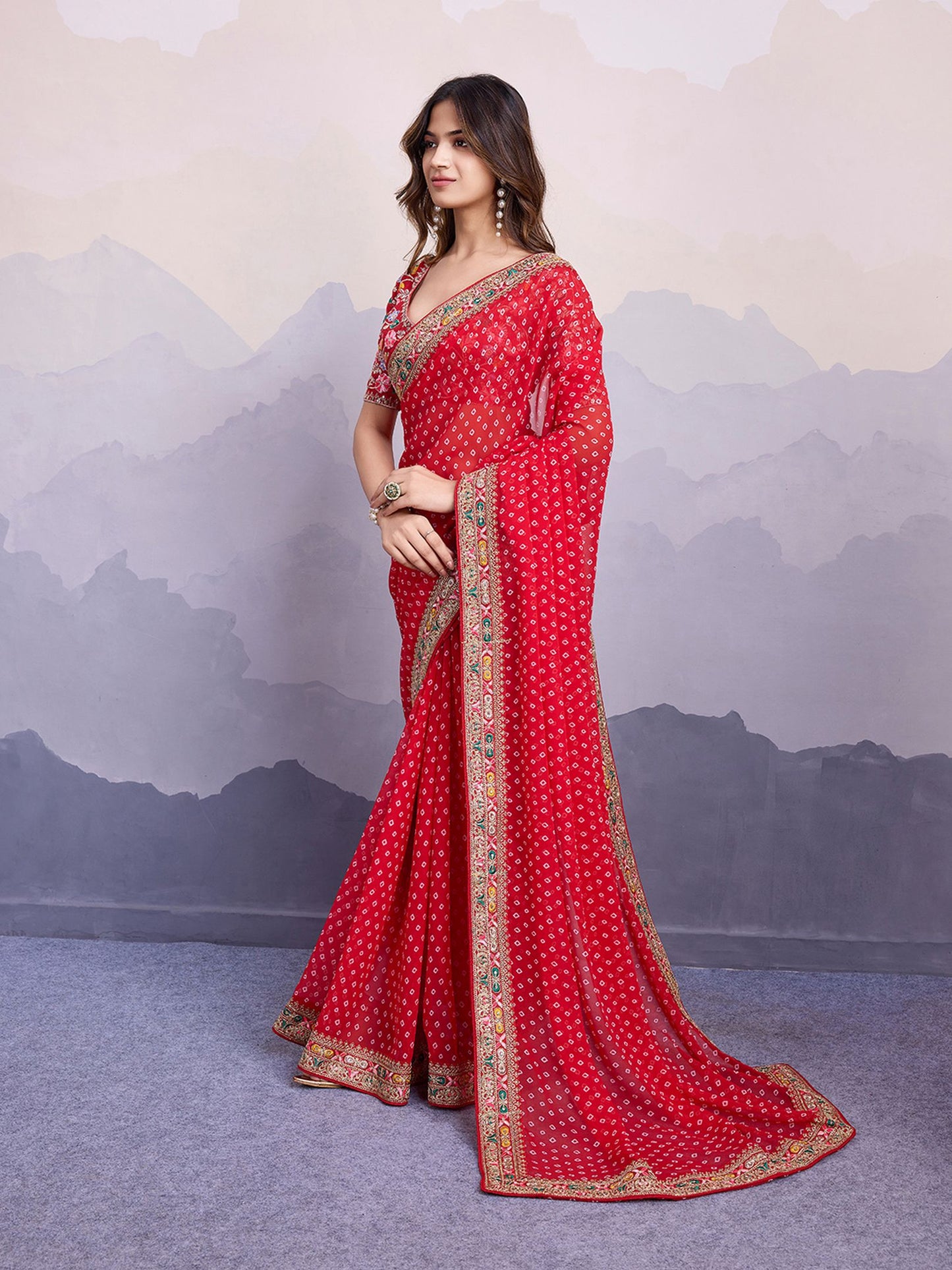 Red Georgette Bandhani Printed Saree: Embroidery Lace Border, Art Silk Blouse