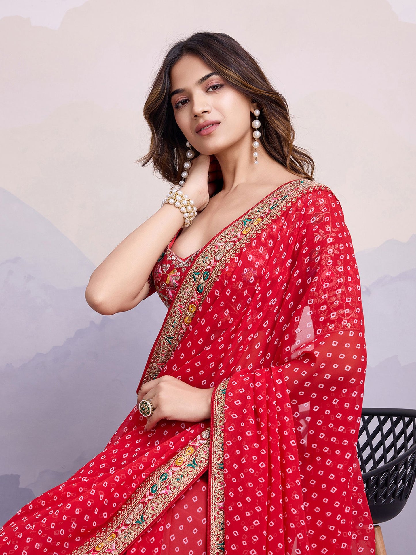 Red Georgette Bandhani Printed Saree: Embroidery Lace Border, Art Silk Blouse
