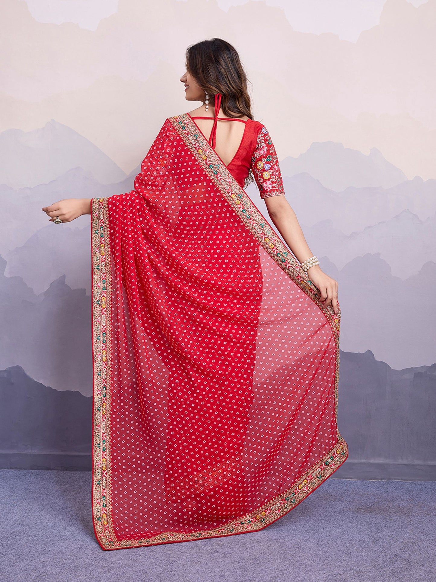 Red Georgette Bandhani Printed Saree: Embroidery Lace Border, Art Silk Blouse