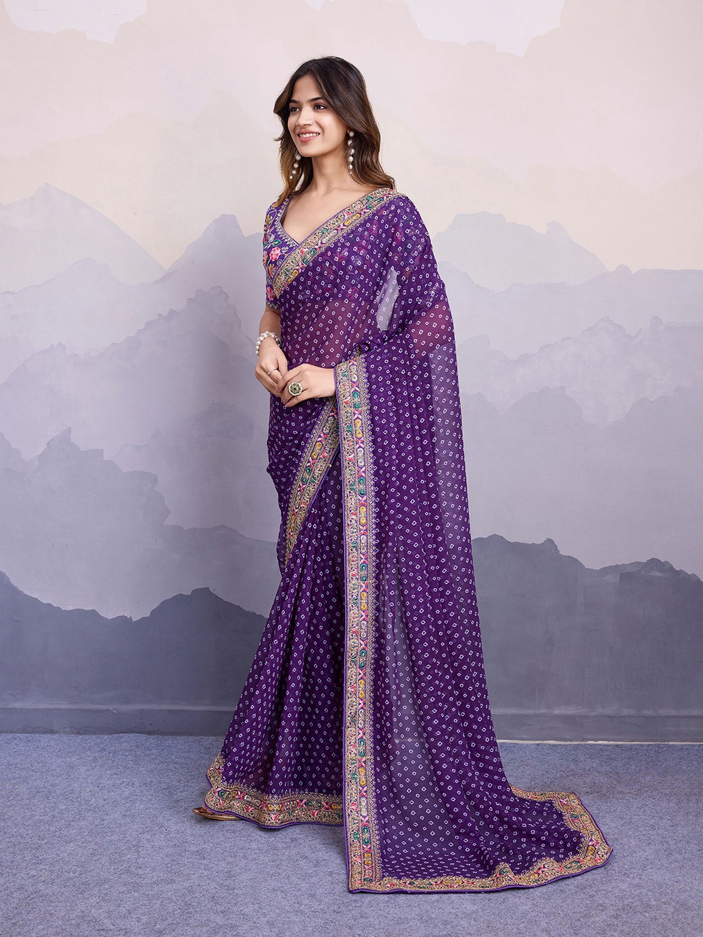 Purple Georgette Bandhani Printed Saree: Embroidery Lace Border, Art Silk Blouse