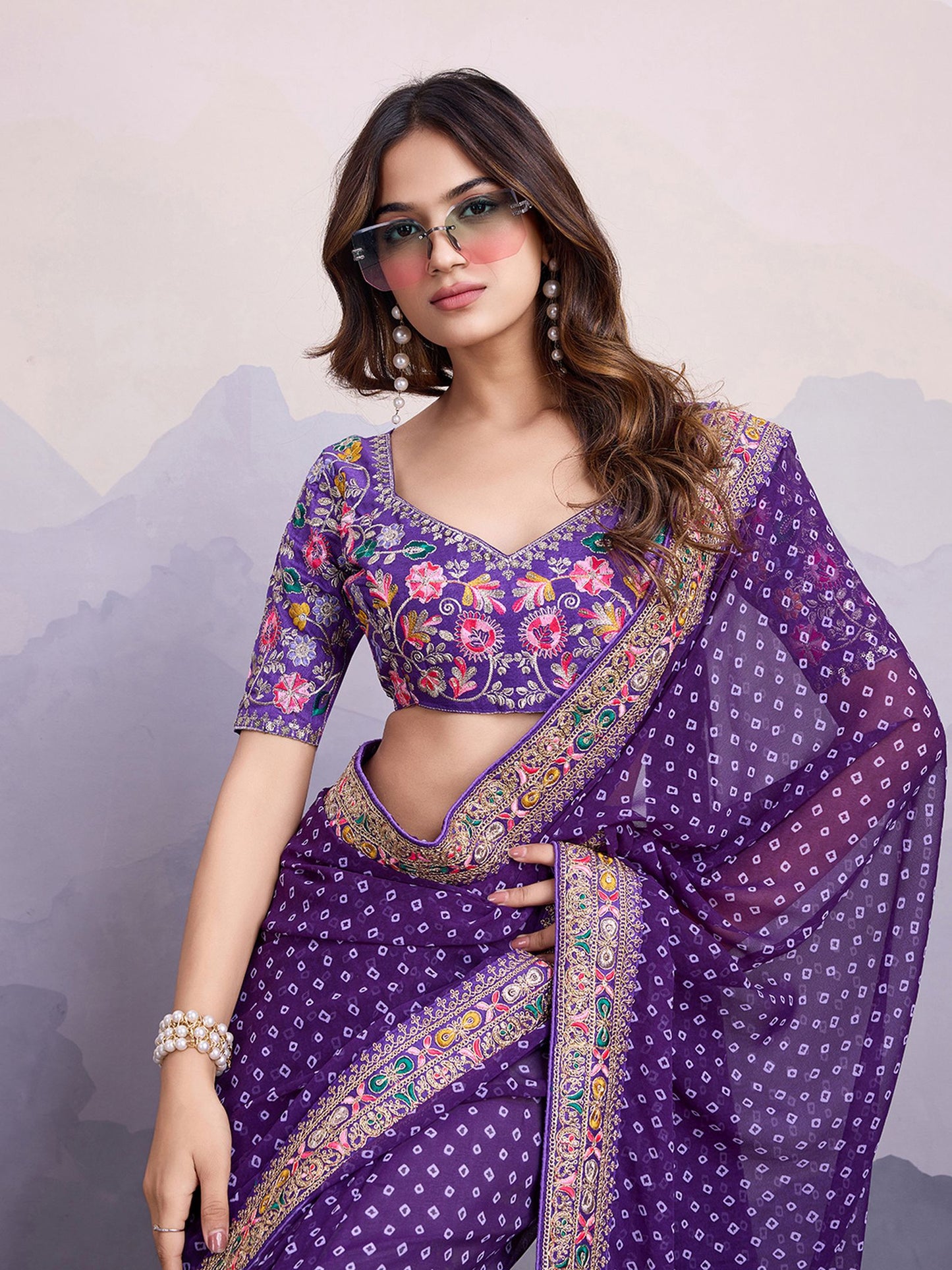 Purple Georgette Bandhani Printed Saree: Embroidery Lace Border, Art Silk Blouse