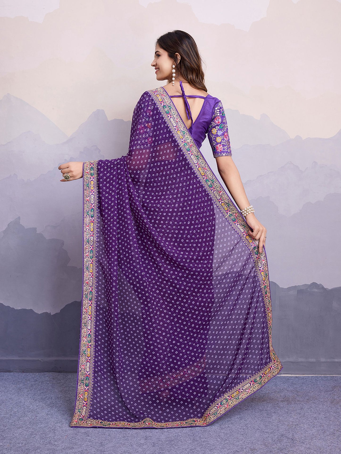 Purple Georgette Bandhani Printed Saree: Embroidery Lace Border, Art Silk Blouse