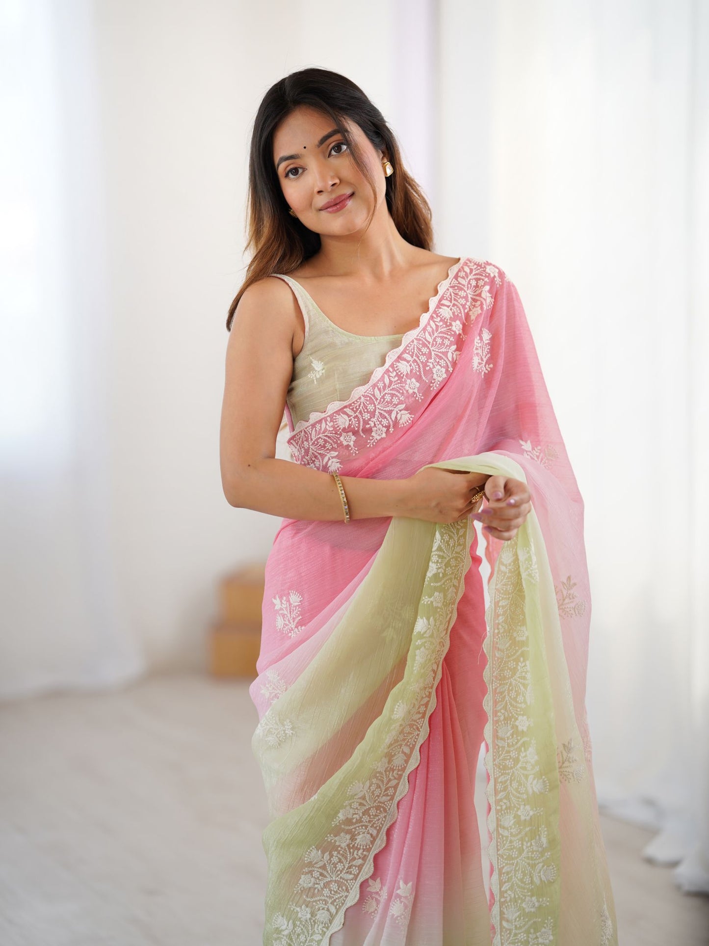 Pink Crunchy Silk Party Wear Saree with Brown Blouse